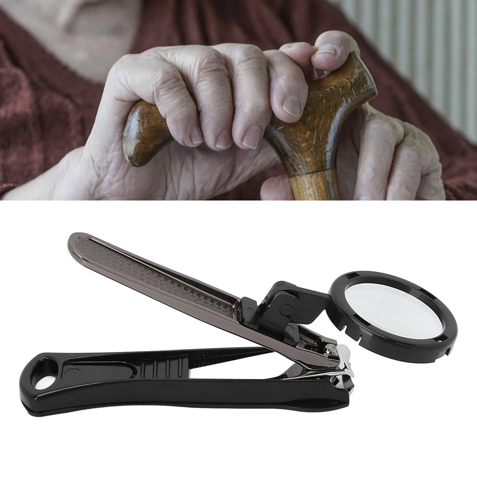 Premium Heavy Duty Nail Clipper Set with Magnifier - Professional Fingernail & Toenail Clippers for Seniors - Portable Nail Care Kit for Travel, Home Use, and Elderly Grooming Needs (Black)