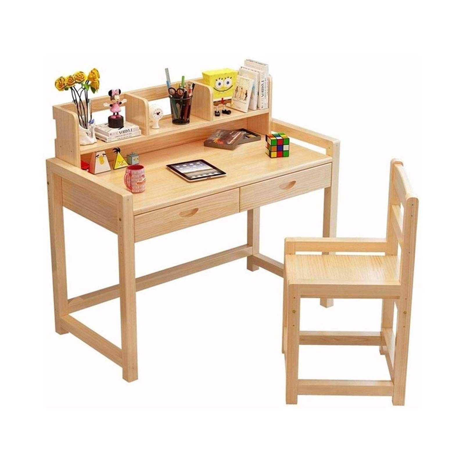 Solid Wood Kids Desk and Chair Set with Bookshelf & Drawer - Study Table for Children - Perfect for Homework, Reading & Craft Activities in Bedroom or Playroom
