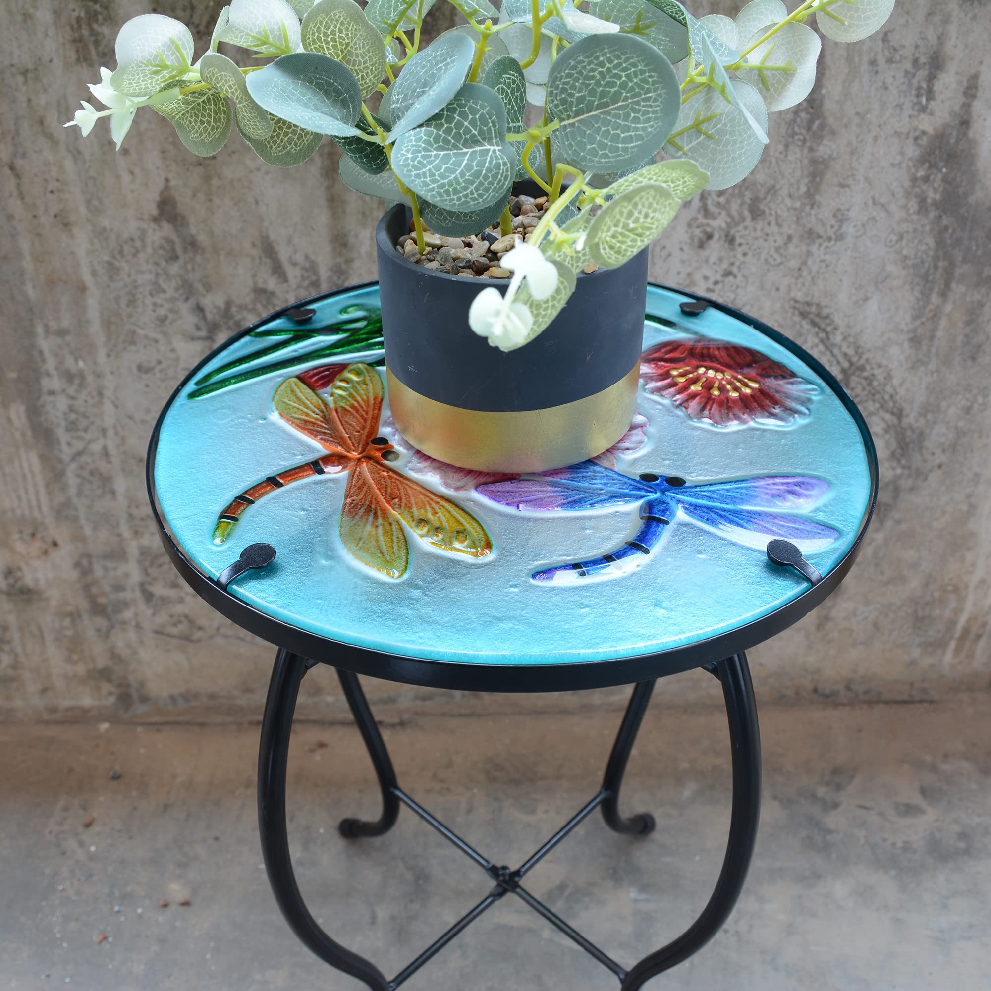 Dragonfly Patio Side Table - Small Outdoor End Table with Metal Frame & Glass Top for Porch, Garden, Yard, Pool - Perfect for Drinks, Plants & Decor