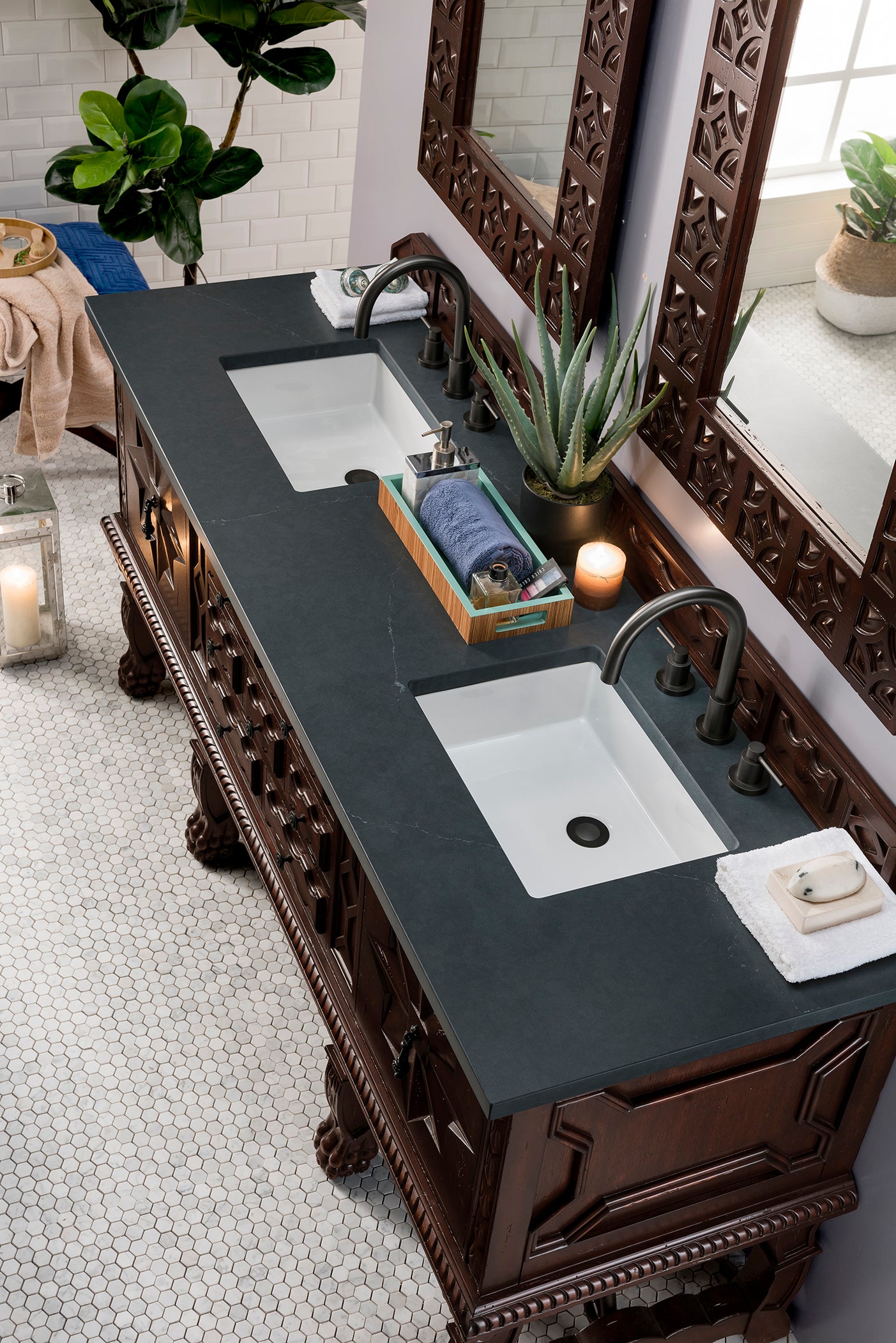 Balmoral 72-Inch Double Vanity Bathroom Cabinet with 3CM Charcoal Soapstone Quartz Top - Antique Walnut Finish for Modern & Traditional Bathrooms