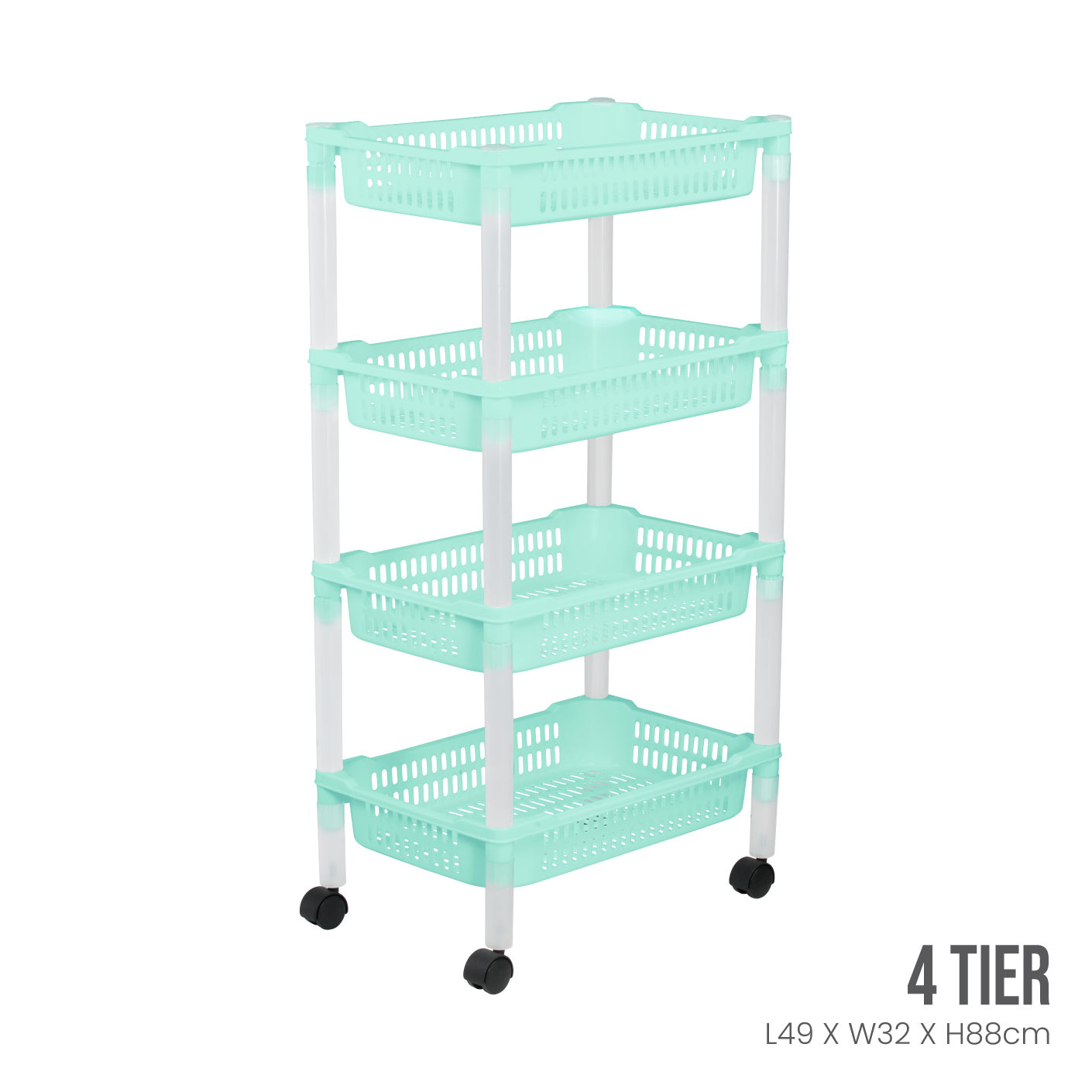4 Tier Rolling Storage Cart with Wheels - Foldable Metal Utility Basket Organizer for Kitchen, Bathroom, Office, or Garage Use