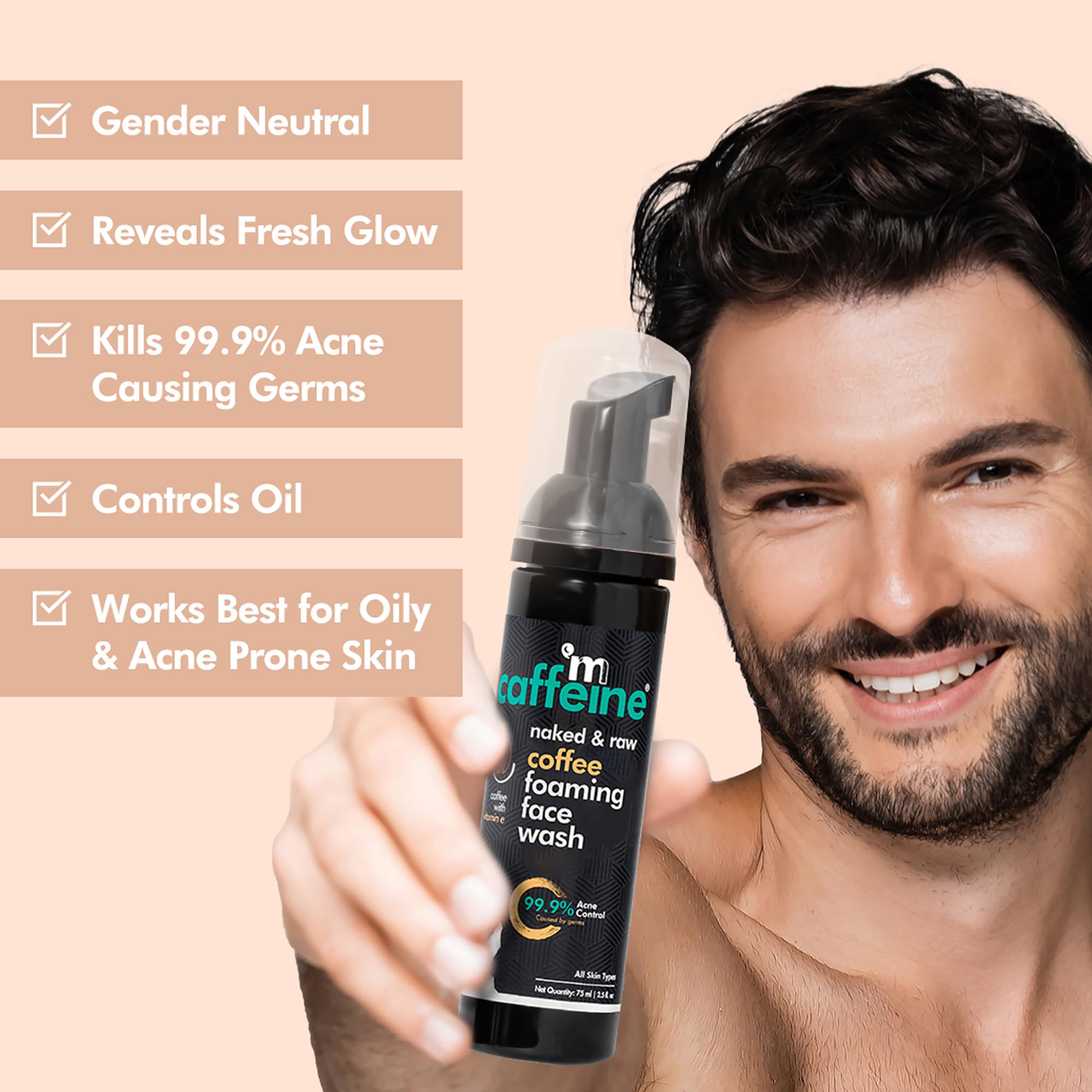 mCaffeine Coffee Foaming Face Wash for Oily & Acne-Prone Skin | Oil Control & Anti-Acne Daily Cleanser for Men & Women | 75ml | Perfect for Hot & Humid Weather, Gym, Travel & Morning Skincare Routine