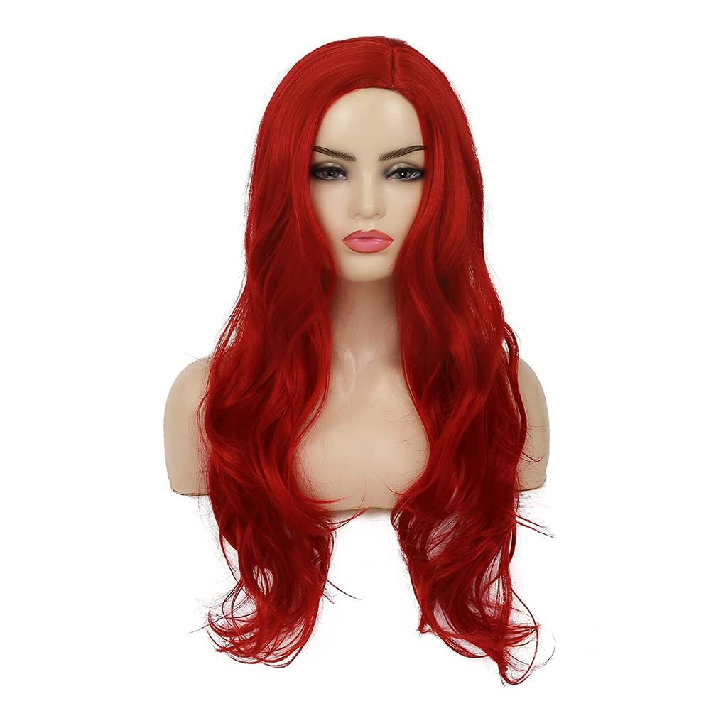 Long Wavy Red Wigs for Women - Heat Resistant Synthetic Hair with Natural Looking Side Part - Perfect for Cosplay, Halloween Parties & Costume Events (Bright Red)