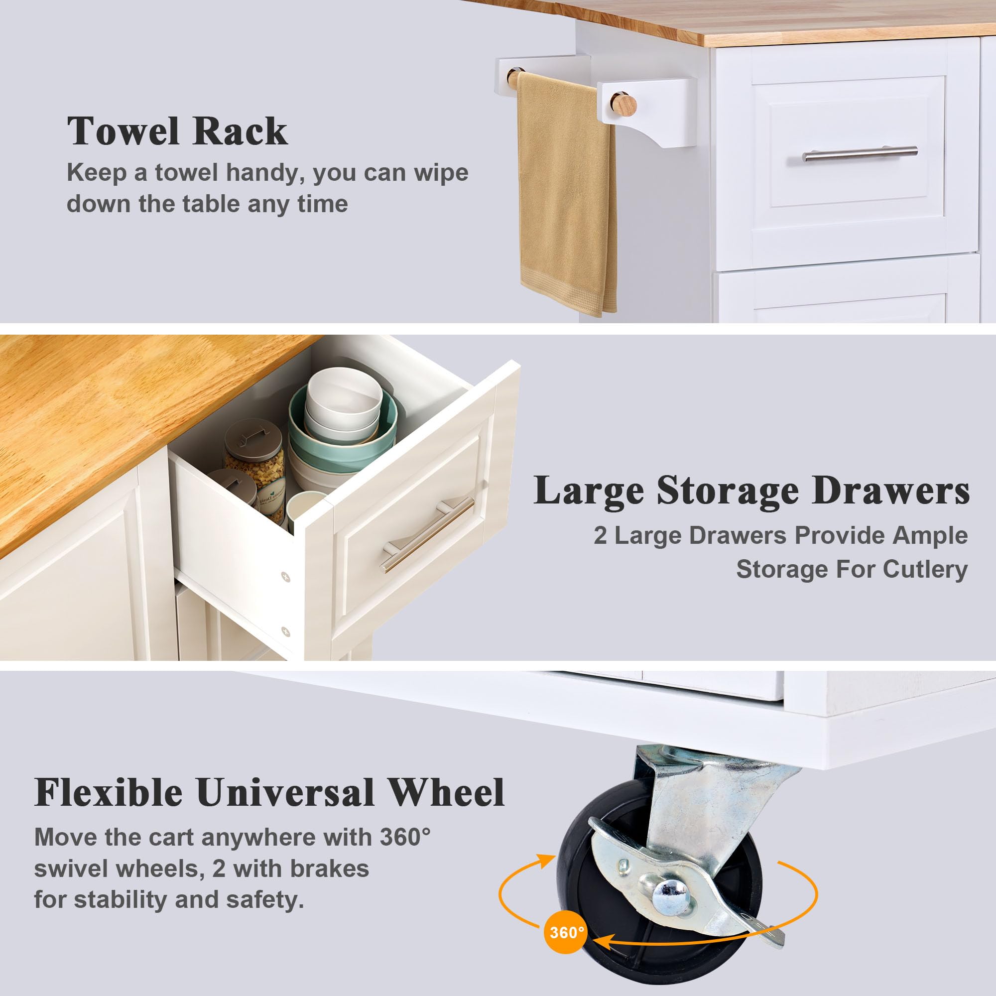 Soges Mobile Kitchen Island with Storage & Drop Leaf - Rolling Kitchen Cart with 3 Drawers, Large Cabinets & Adjustable Shelves - White - Perfect for Small Kitchens, Apartments & Food Prep Stations