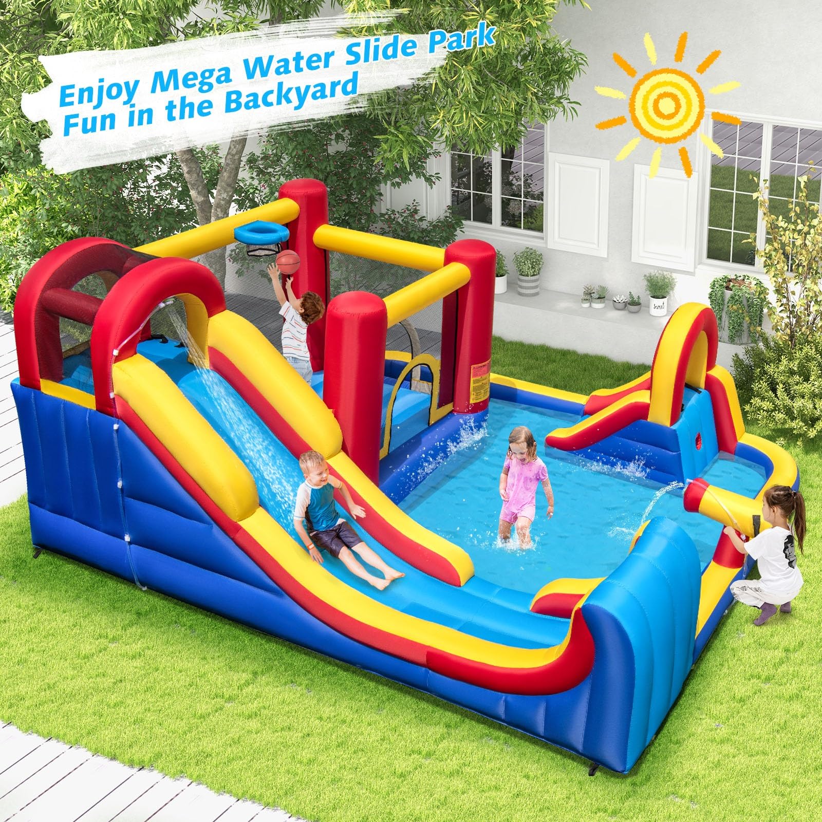 BOUNTECH Inflatable Water Slide Park - 7-in-1 Giant Bounce House with Dual Racing Slides, Splash Pool & Water Sprayer | Outdoor Summer Fun for Kids & Adults | Perfect for Backyard Parties, Birthday Gifts & Family Gatherings