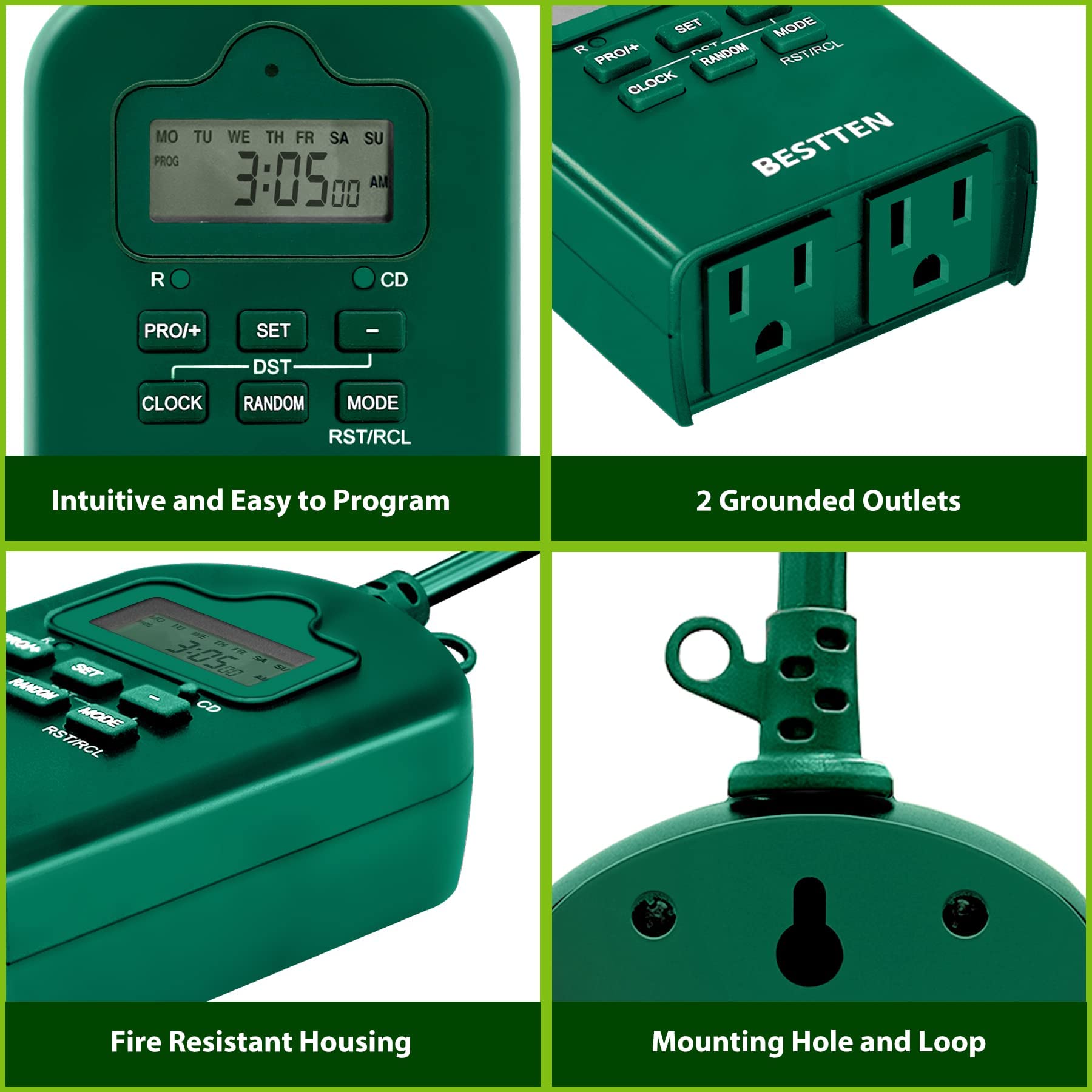 BESTTEN 7-Day Outdoor Digital Programmable Timer with Clock - Dual Grounded Outlets, Weatherproof, ETL Certified - Perfect for Garden Lights, Holiday Decorations & Pool Equipment
