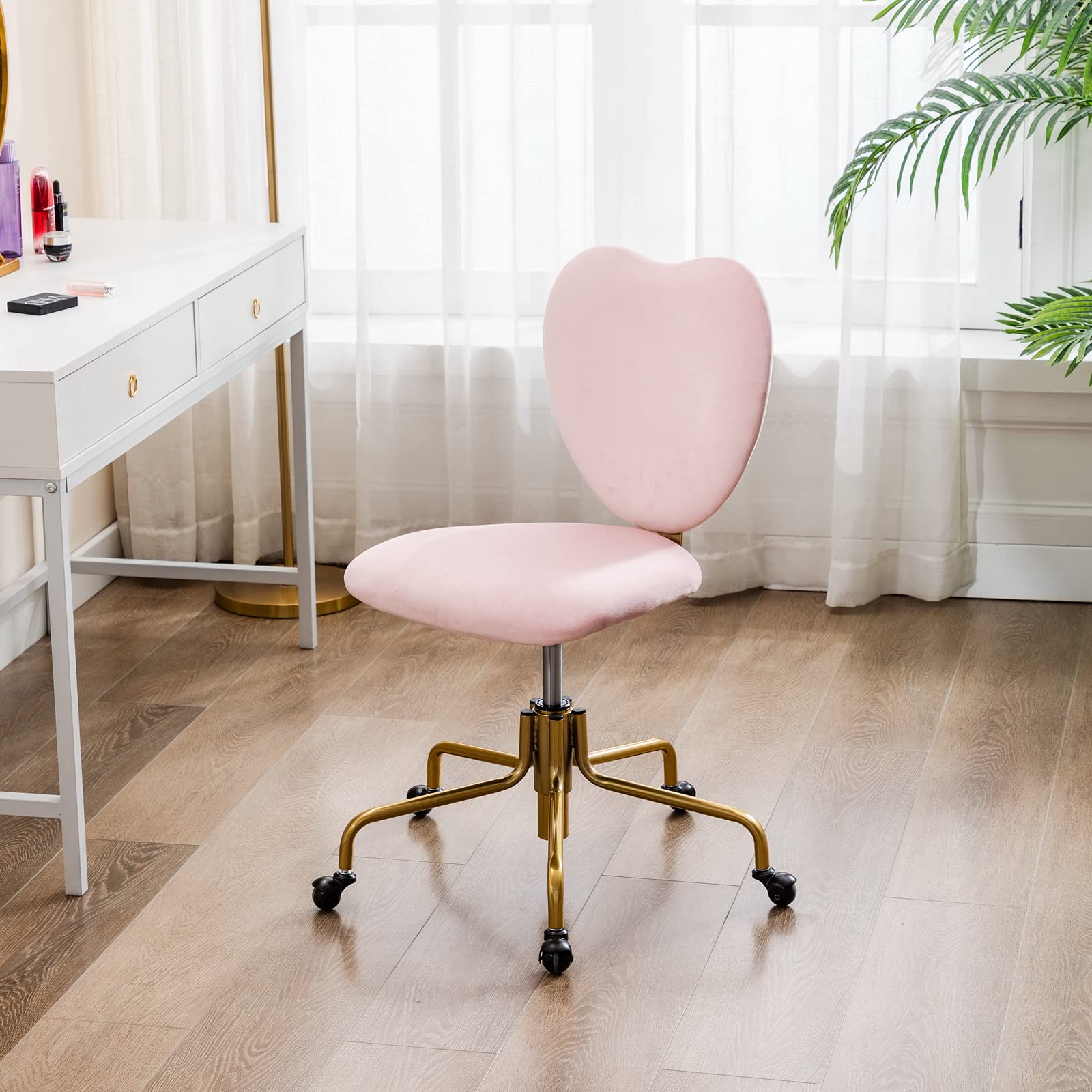 Pink Velvet Swivel Office Chair with Adjustable Height, Wheels & Heart-Shaped Back - Ergonomic Desk Chair for Home Office, Vanity, Study & Gaming
