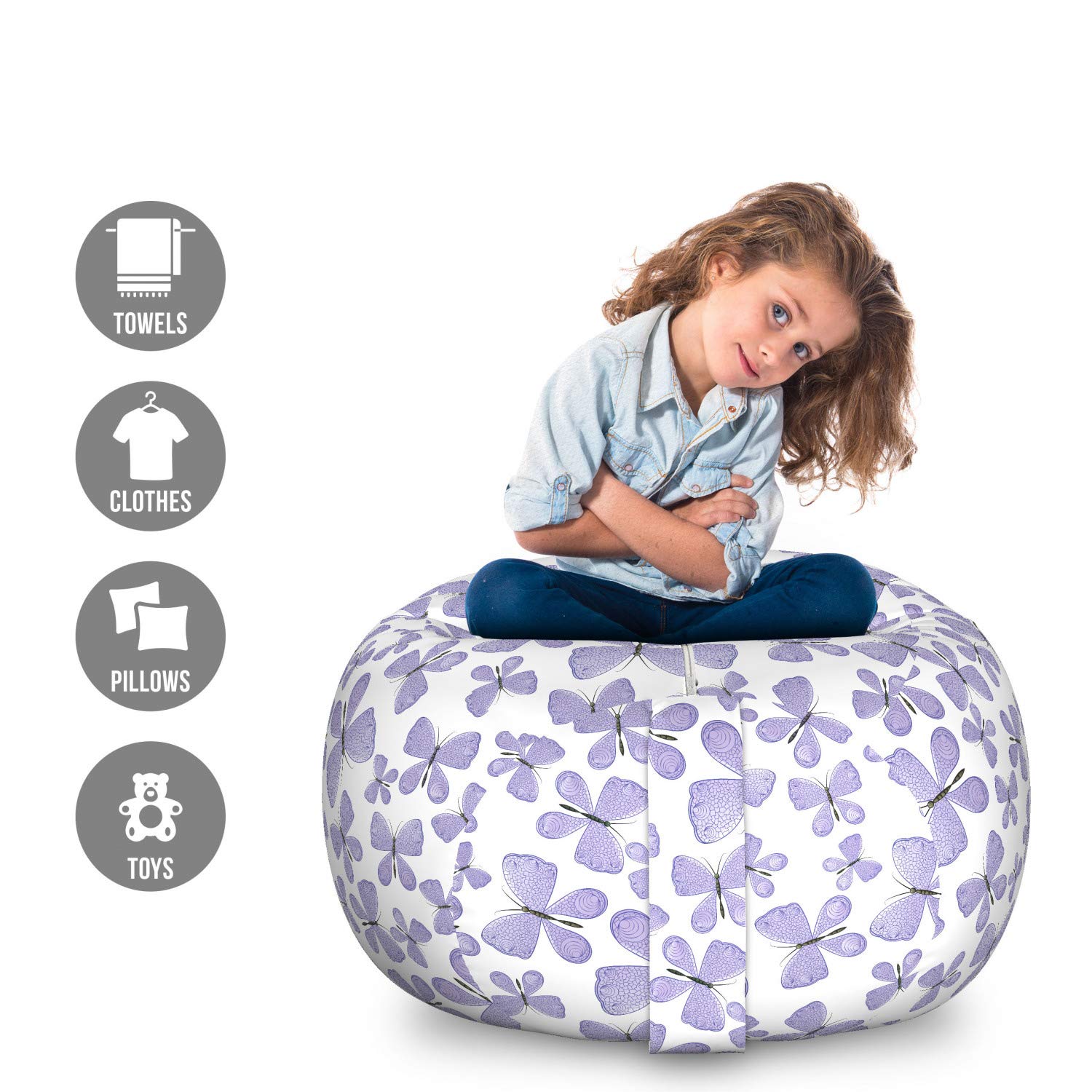 Ambesonne Butterfly Pattern Toy Storage Bag Chair - Large Washable Stuffed Animal Organizer with Abstract Winged Insect Design in Blue Grey - Perfect for Kids' Room, Nursery, Playroom & Home Organization
