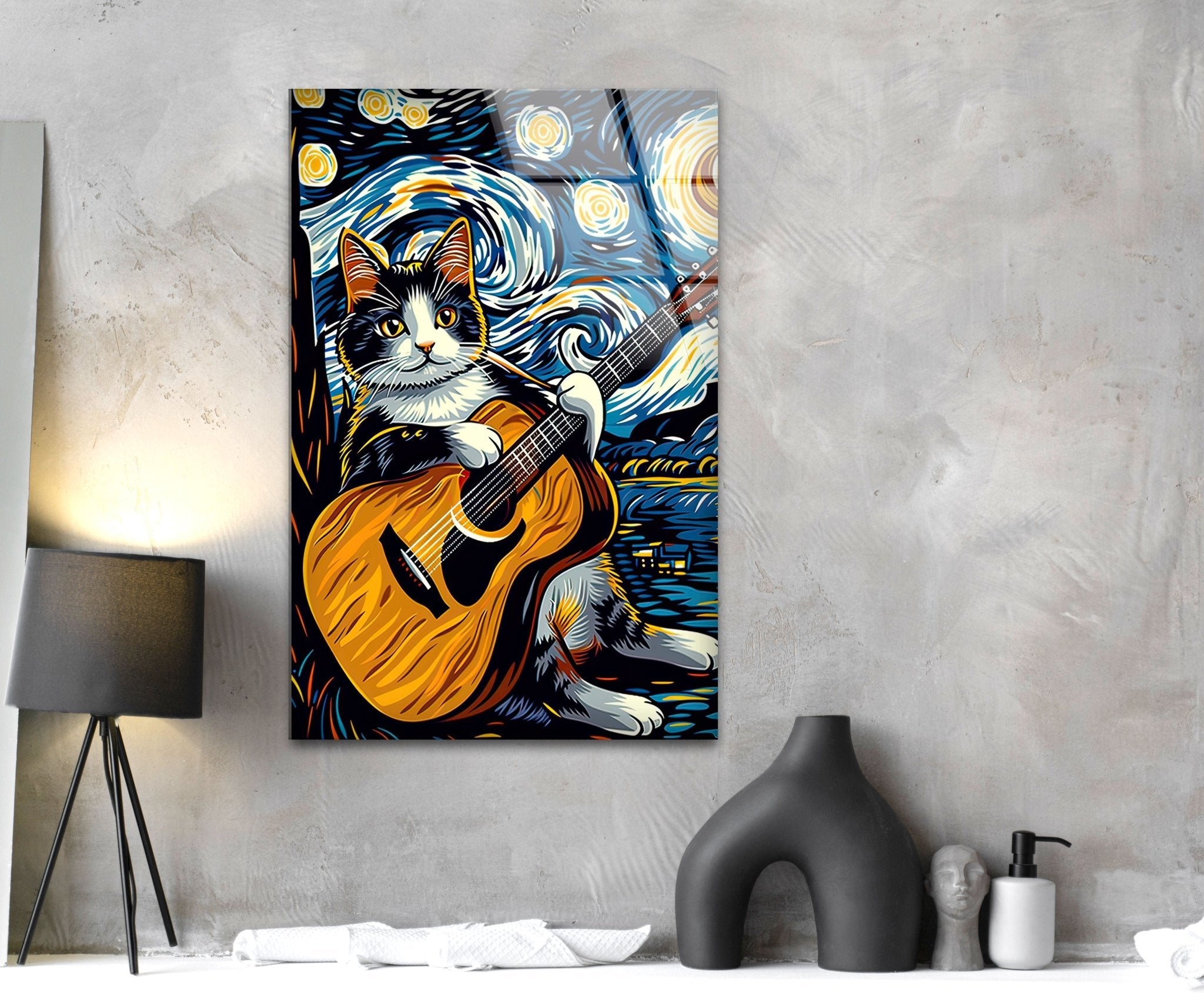 Adorable Cat Playing Guitar Glass Wall Art - Unique Home Decor for Living Room, Bedroom & Office - Perfect Gift for Cat Lovers