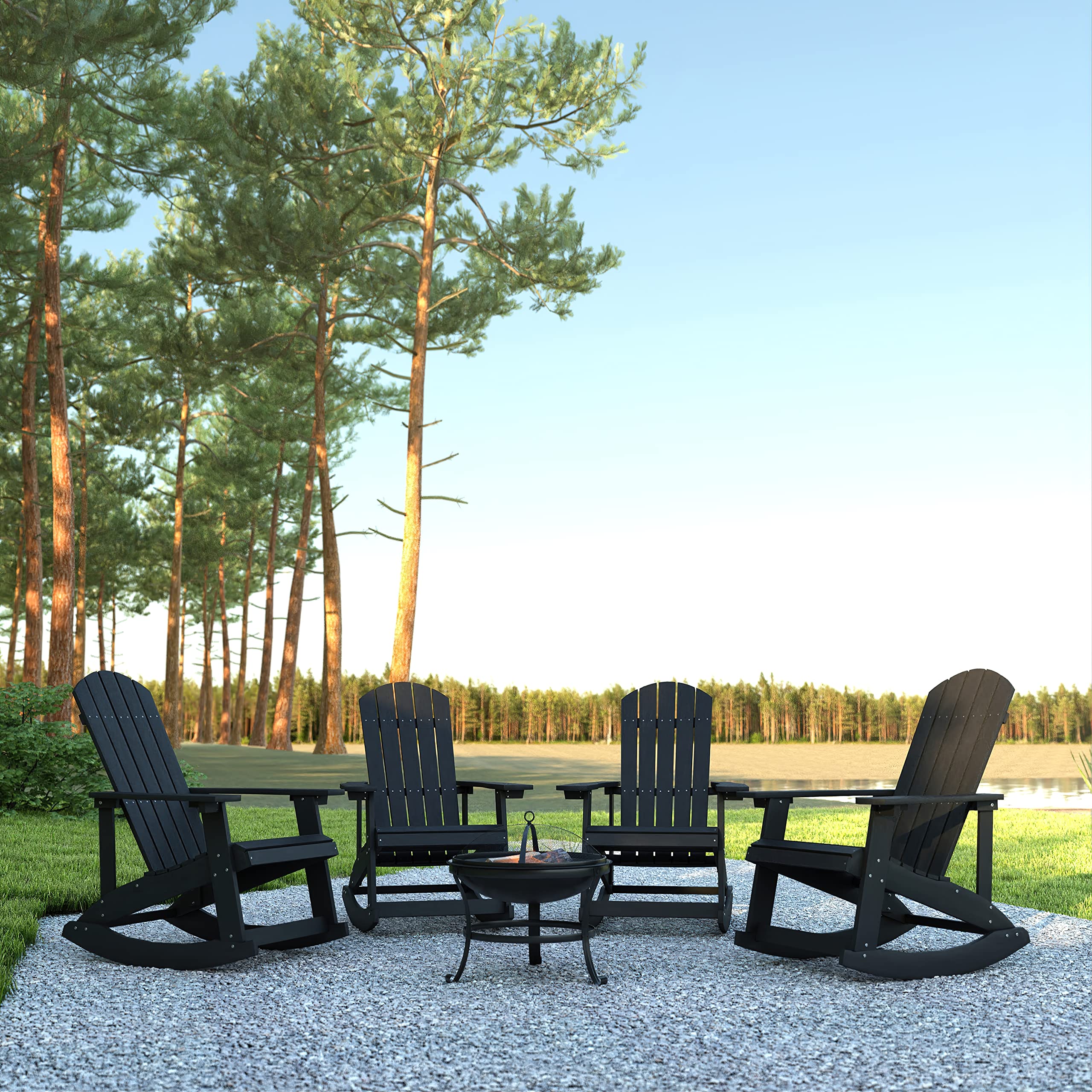 EMMA + OLIVER 4-Piece Marcy Adirondack Rocking Chairs & Fire Pit Set - Black Polyresin Outdoor Furniture with Metal Wood Burning Fire Pit - Includes Spark Screen & Poker Tool - Perfect for Patio, Backyard, Garden & Camping Gatherings