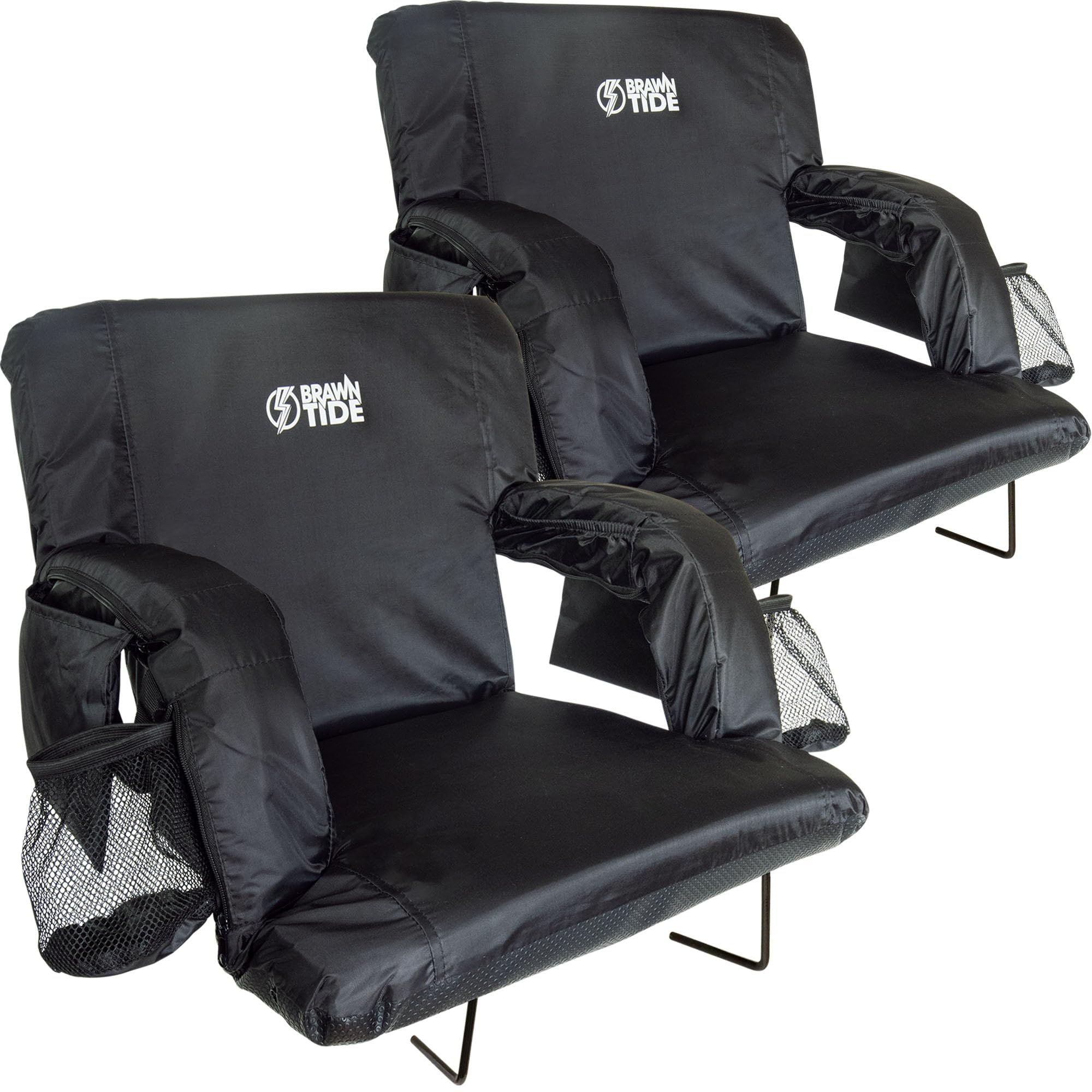 BRAWNTIDE Stadium Seat with Back Support - Comfortable Cushion, Thick Padding, 2 Steel Bleacher Hooks, 4 Storage Pockets, 2 Cup Holders, Reclining Back - Perfect for Sports Games, Beach Outings, Camping Trips & Outdoor Concerts | Portable Bleacher Chair for Baseball, Football, Soccer & Picnics