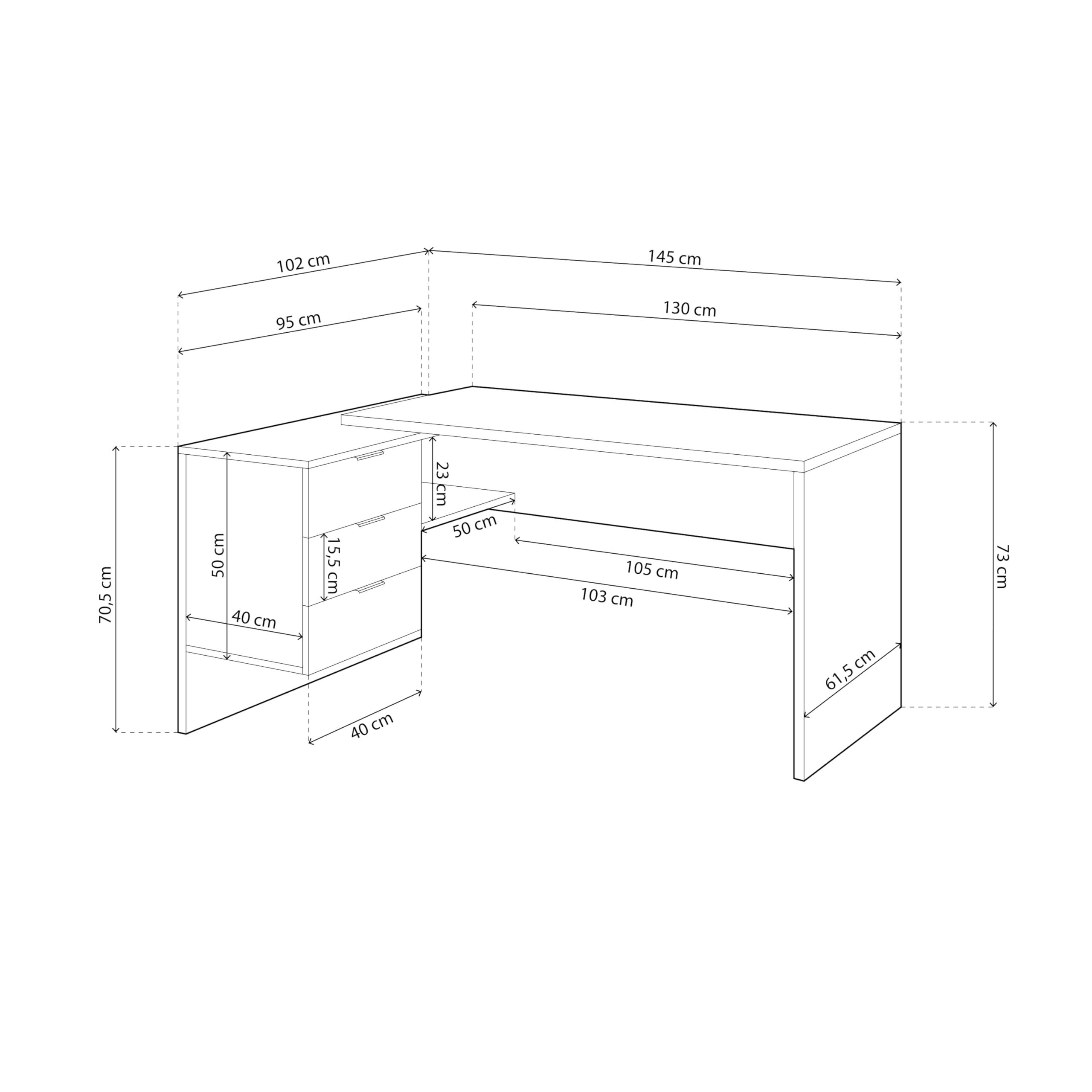 Habitdesign Office Desk with Drawers - White Artik & Canadian Oak Finish, 145cm x 102cm x 73cm - Modern Workstation for Home Office, Study Room & Small Spaces