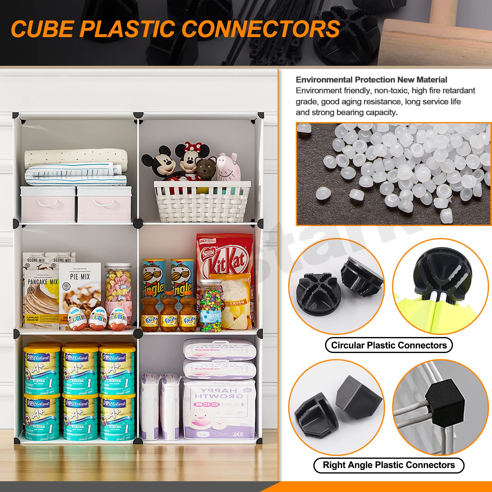 91Pcs Black Wire Grid Cube Connectors with Zip Ties & Wooden Hammer - Modular Closet Organizer, DIY Storage Shelving Connectors for Home Office, Closet, Garage & Pantry Organization (Perfect for Closet Shelves, Wire Grid Storage & DIY Furniture Projects)