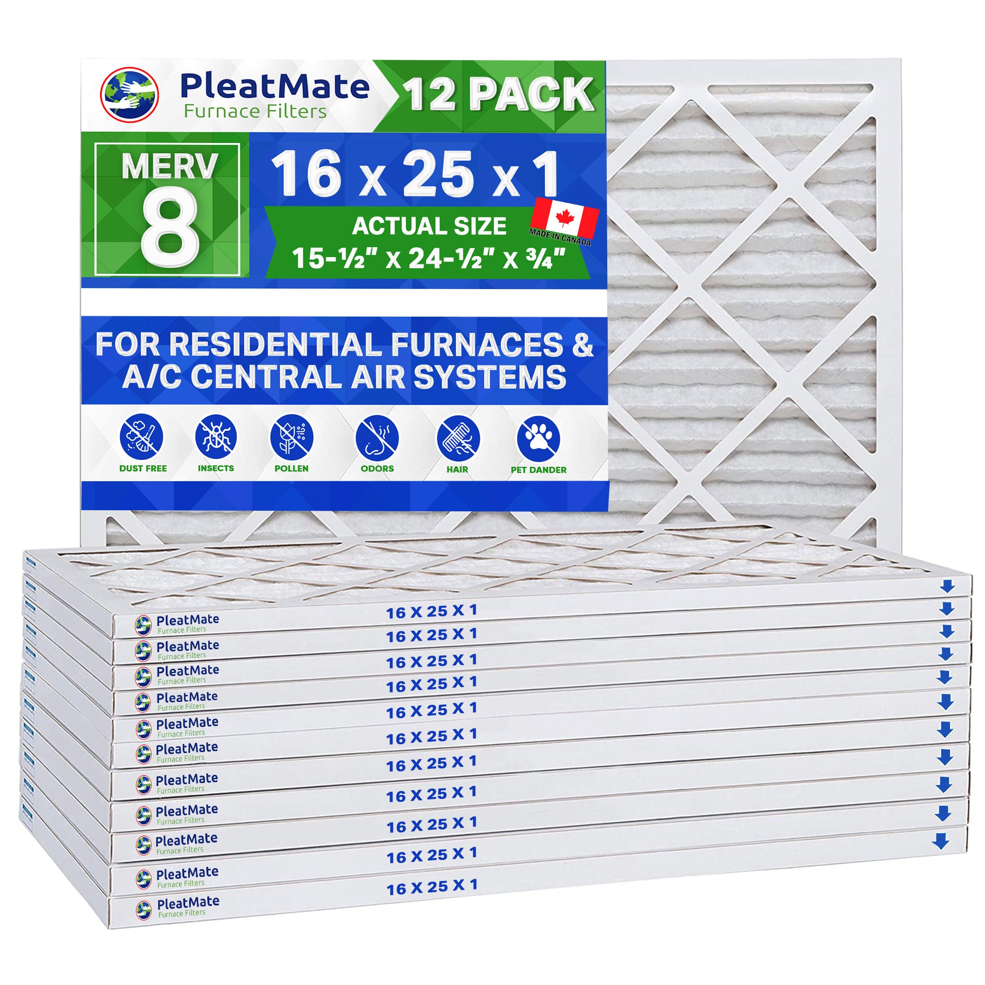 16x25x1 MERV 8 Pleated Air Filter - Case of 12 | Premium HVAC Furnace Filters for Home Heating & Cooling Systems | Made in Canada by FurnaceFilters.ca | Perfect for Residential & Commercial Air Purification