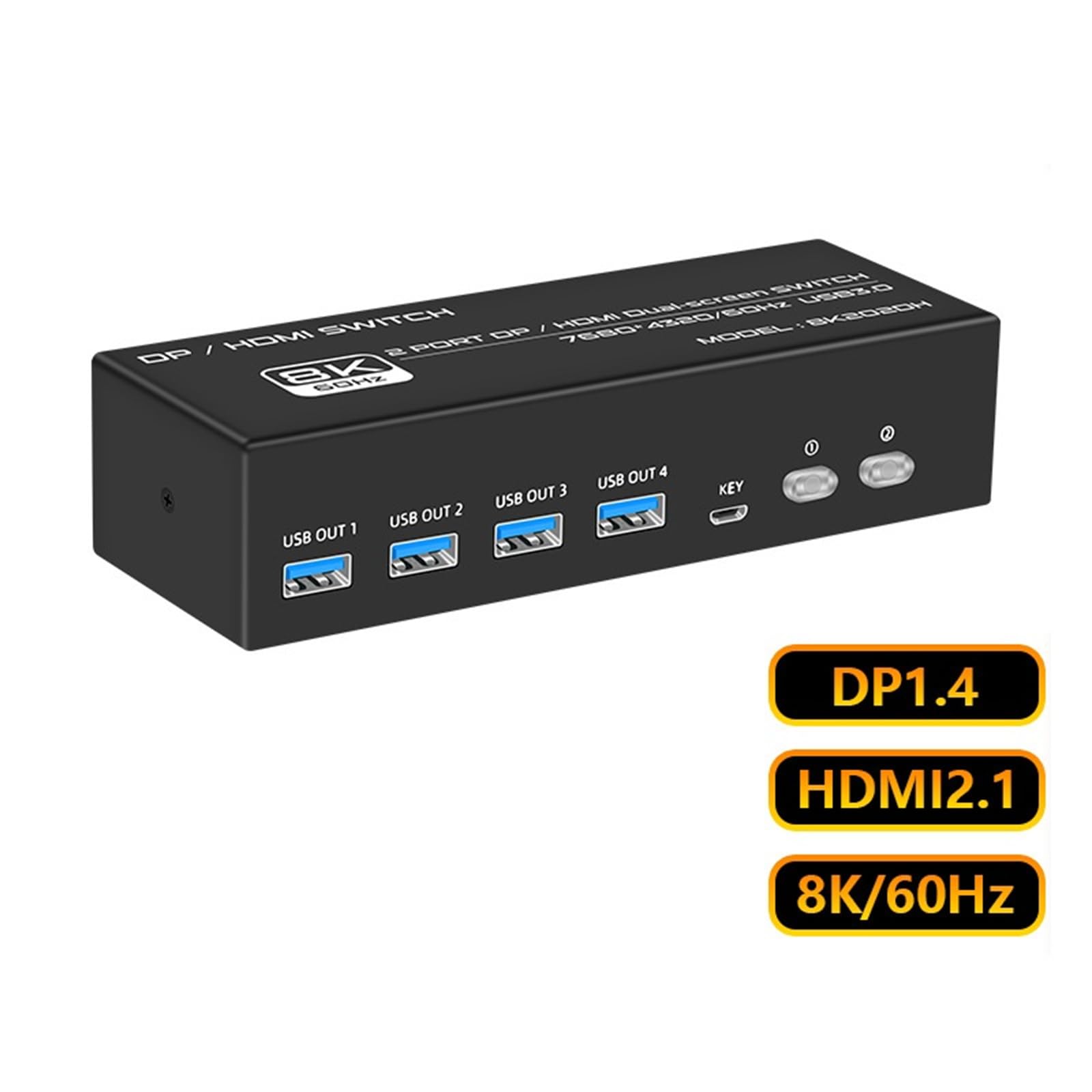 WANSUPYIN 2x2 KVM Switch Dual Monitor 8K@60Hz DisplayPort 1.4 - 2 in 2 Out HDMI DP KVM Switch for 2 Computers Sharing 2 Monitors - Perfect for Home Office, Gaming Setup & Multi-Tasking Workspaces