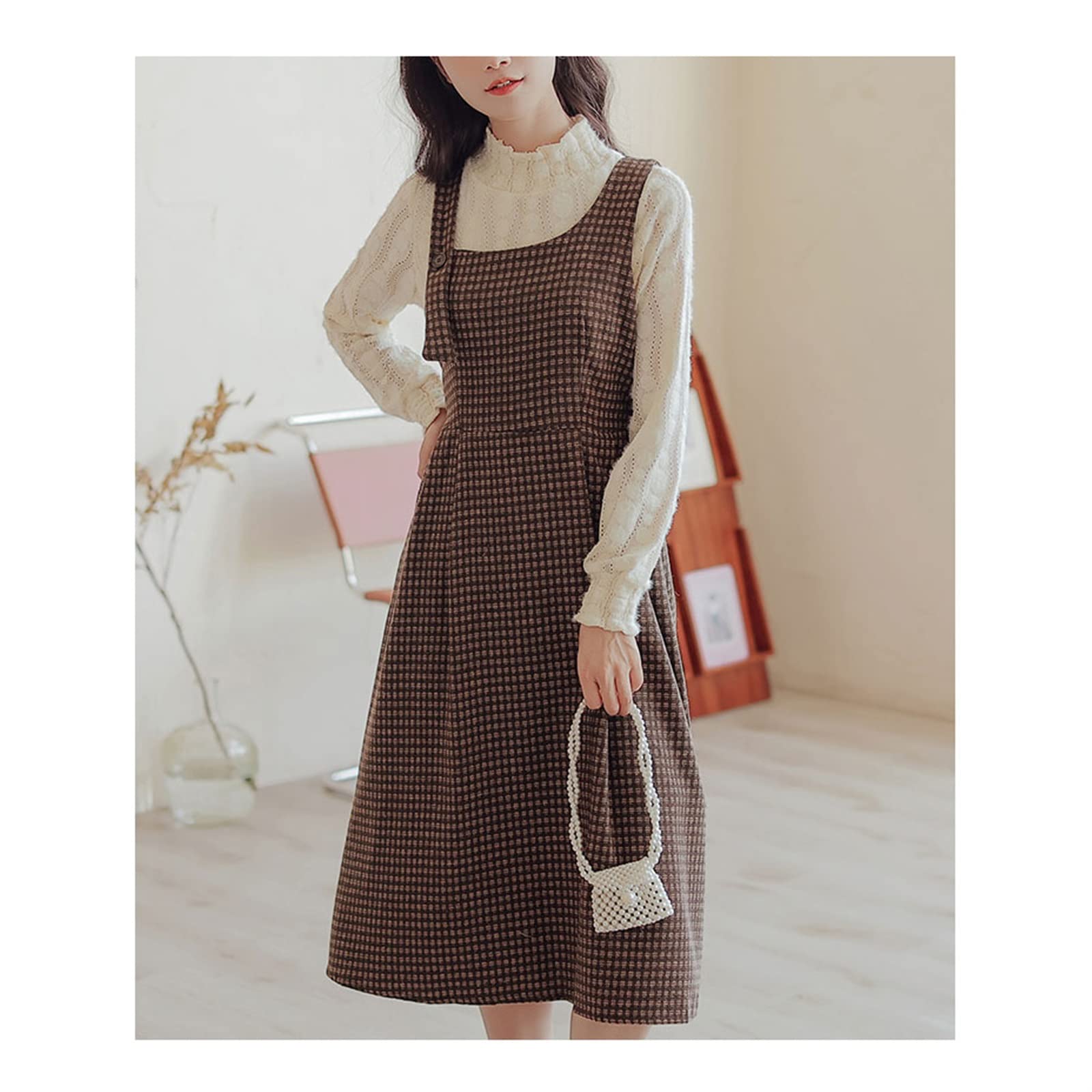 XTE Women's Brown Plaid Square Neck Sleeveless A-Line Midi Sundress - Asymmetrical Suspender Casual Dress for Autumn (Brown, Size 2) | Perfect for Fall Outings, Date Nights & Casual Wear