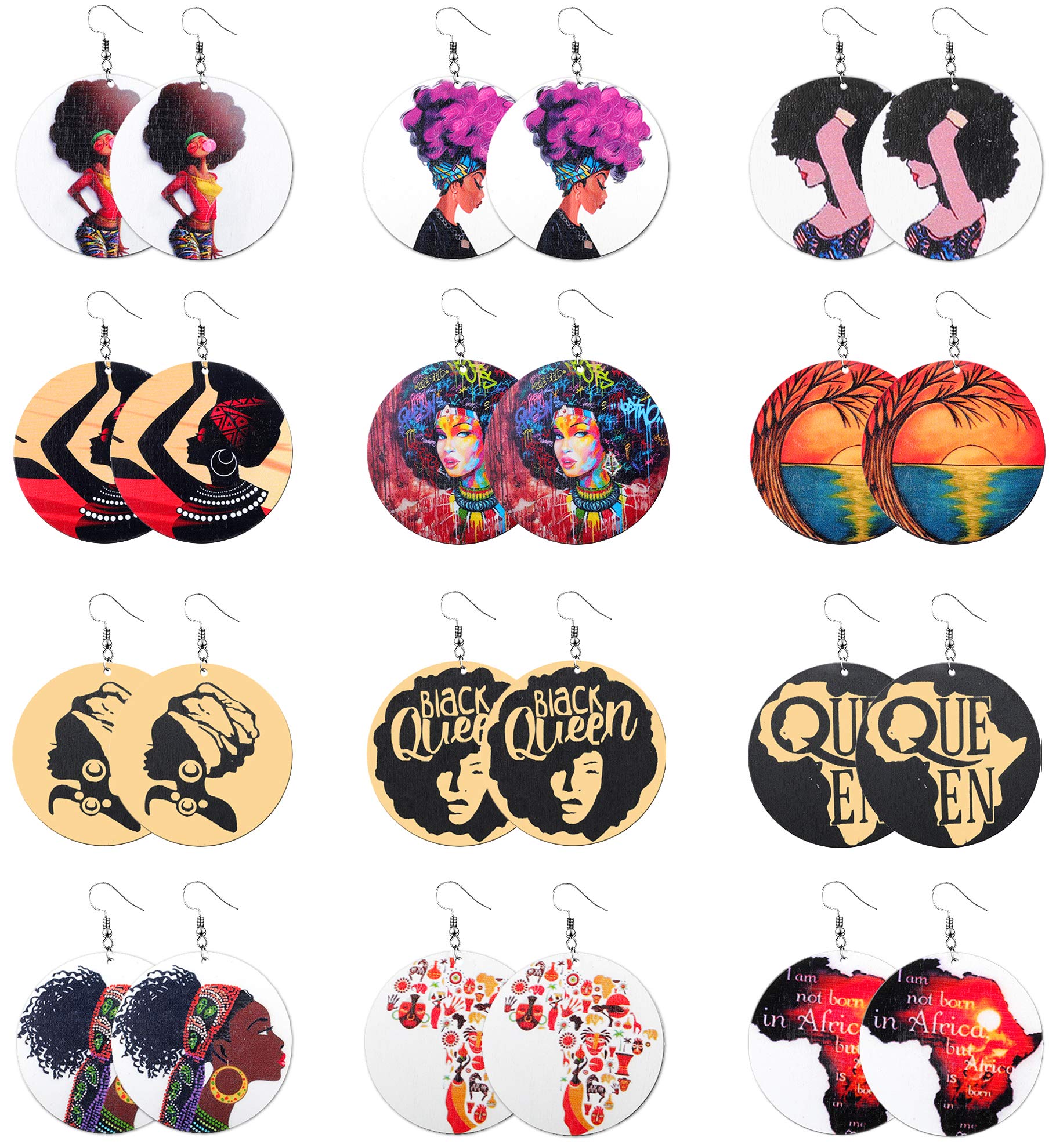 12 Pairs Wooden African Earrings for Women - Round African Map Design, Hand-Painted Ethnic Dangle Earrings Set | Perfect for Cultural Events, Festivals, and Boho Fashion Accessories