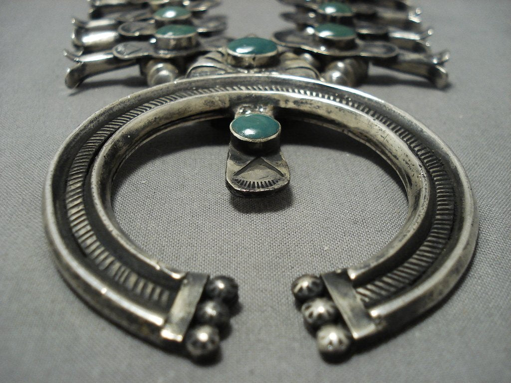 Vintage 1940s Navajo Sterling Silver Squash Blossom Necklace with Green Turquoise - Authentic Native American Jewelry for Women, Boho Fashion Accessory, Wedding Gift & Southwest Style Statement