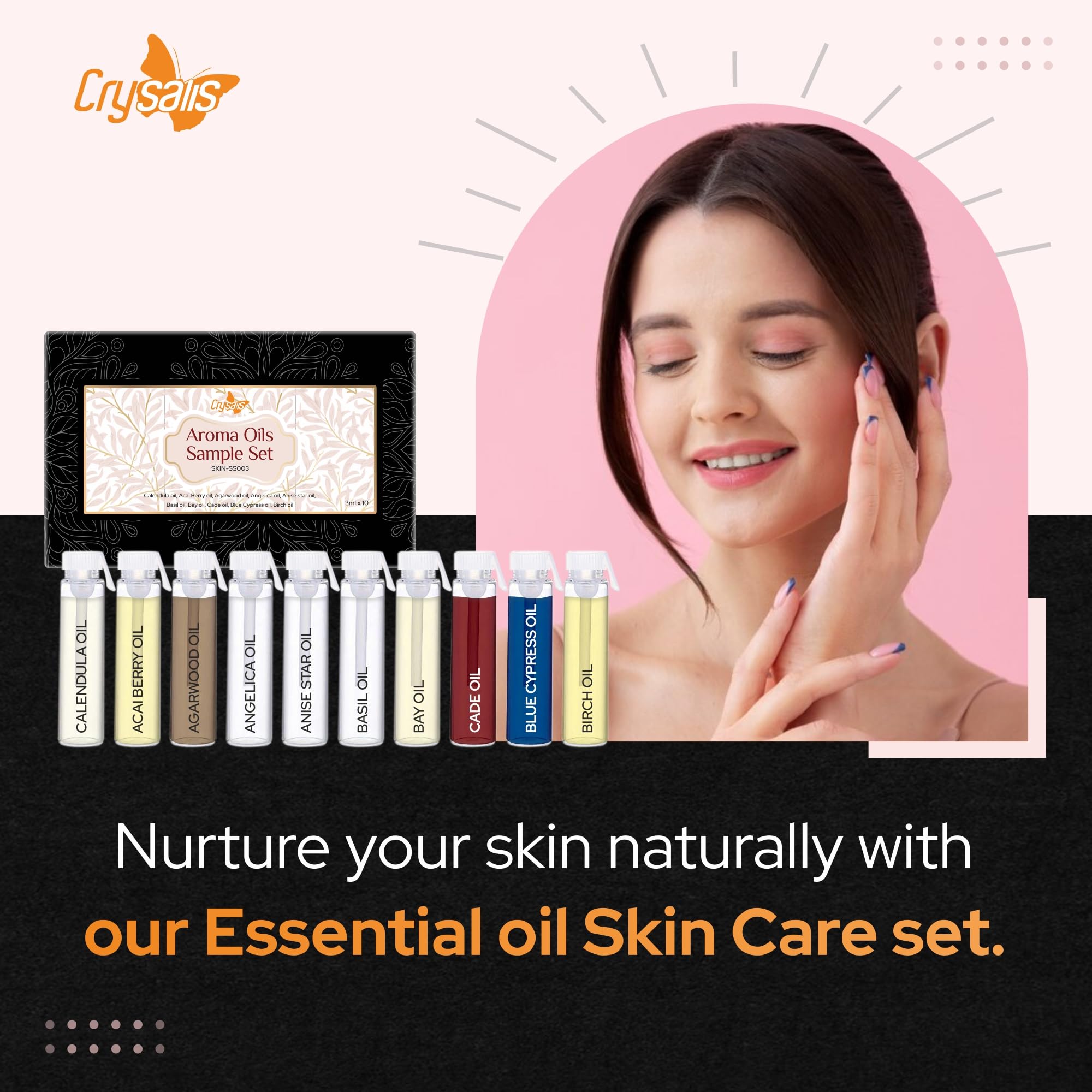 Premium Crysalis Skin Care Essential Oils Set - 10x3ml Bottles (Calendula, Acai Berry, Agarwood, Angelica & More) for Aromatherapy, Massage & DIY Beauty Products
