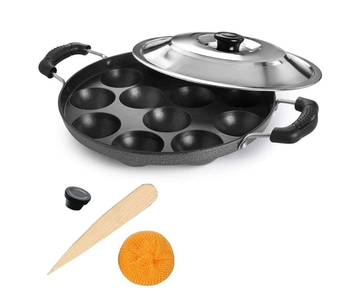 Non-Stick Appam Pan - 12 Pits Appam Maker for Indian Breakfast, Paniyaram & Appa Chetty - Durable Nonstick Tawa for Perfect Appams & Paniyarams - Ideal for Home Cooking & Traditional South Indian Recipes