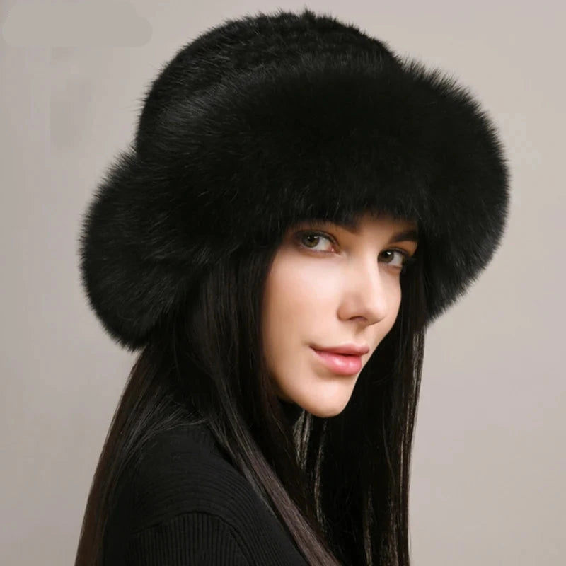 Luxury Handmade Knitted Mink Fur Hat with Real Fox Fur - Women's Winter Fashion Accessory for Cold Weather, Outdoor Activities & Holiday Gifts