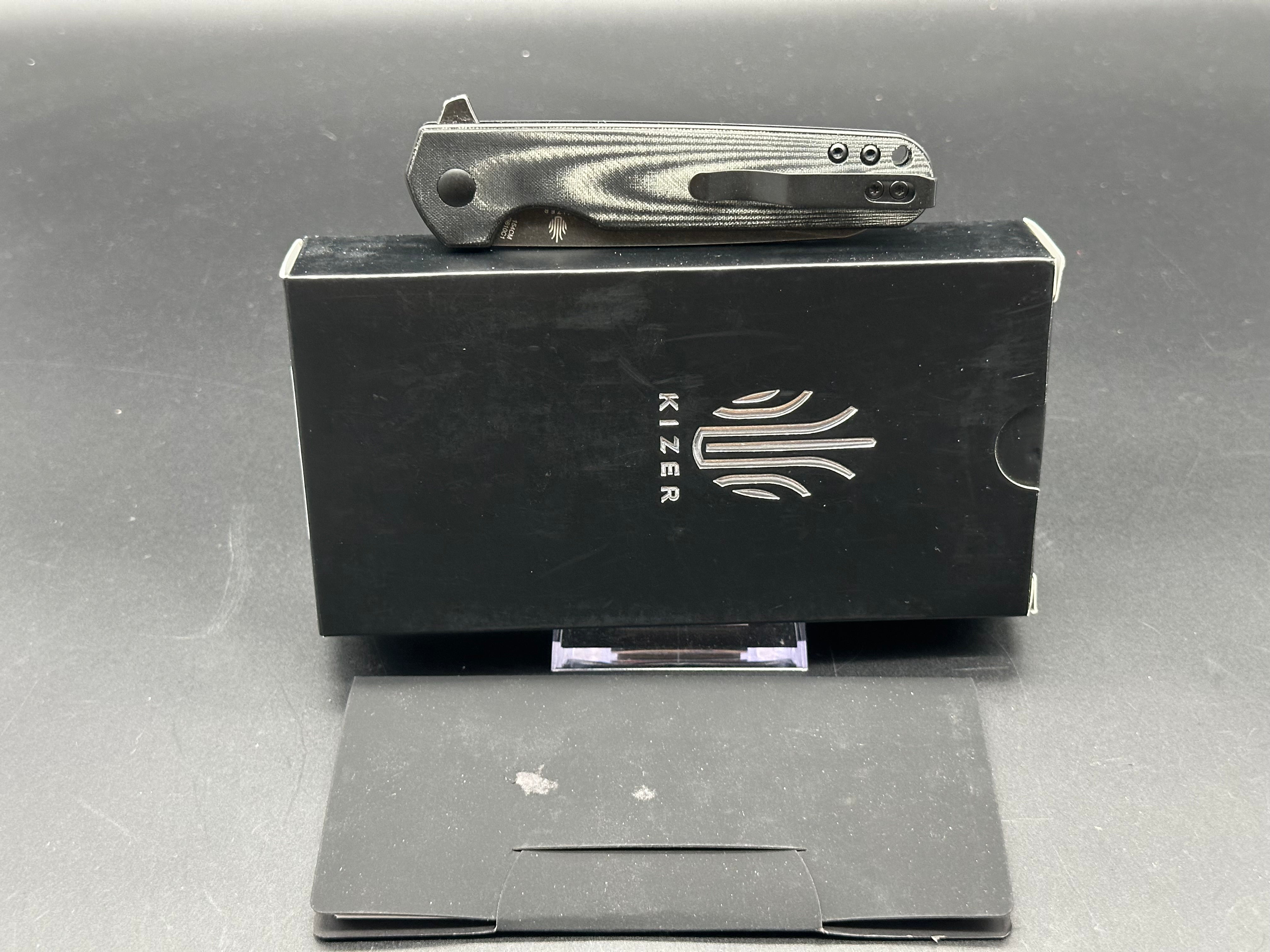 Kizer Azo LP Liner Lock Folding Pocket Knife - Black Micarta Handle, 154CM Steel Blade with Black Stonewash Finish (3.43