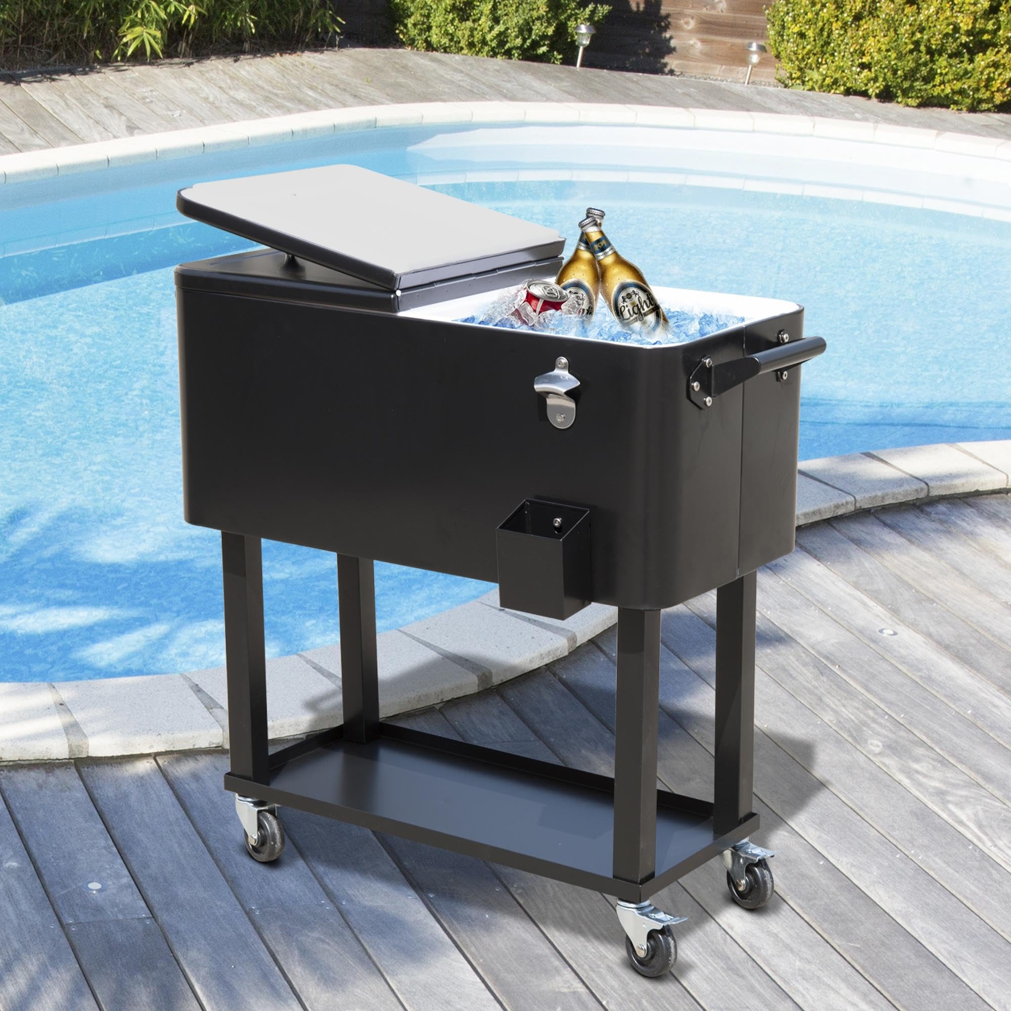 Outsunny 80 QT Rolling Cooler with Wheels - Portable Outdoor Ice Chest for Camping, Beach, BBQ & Tailgate Parties - Insulated Stand-Up Drink Cooler Cart in Black