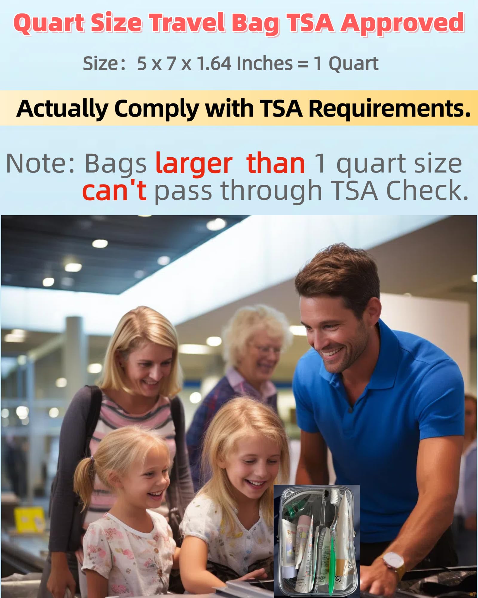 TSA Approved Clear & Blue Travel Toiletry Bag - Quart Size Leakproof Makeup Zipper Pouch for Airplane Essentials | Perfect for Long Flights, International Travel & European Trips | Carry-On Compliant Cosmetic Organizer