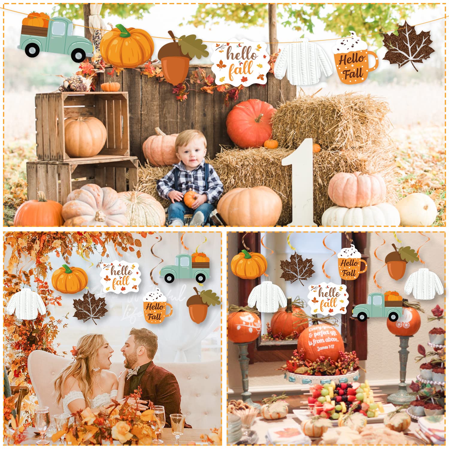 20Pcs Fall Party Hanging Decorations - Autumn Pumpkin Leaf Truck Cutouts for Thanksgiving Party Decor, Seasonal Harvest Home Décor - Perfect for Thanksgiving Gatherings, Fall Weddings & Autumn Festival Decorations