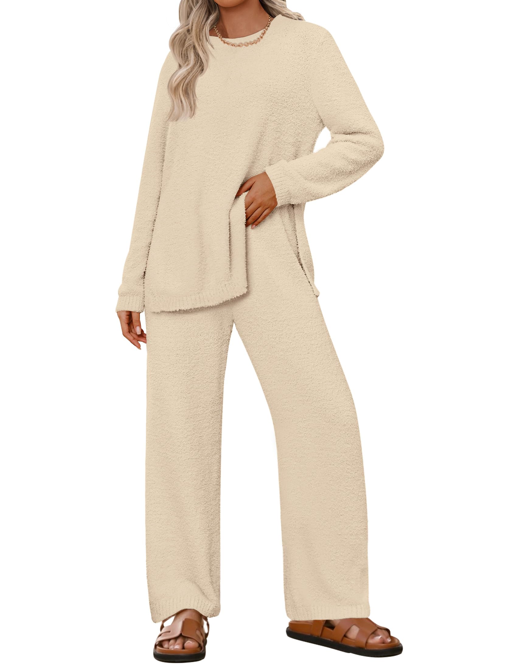NENONA Women's Cozy Fleece Lounge Set - Oversized Tunic Sweater & Wide Leg Pants 2-Piece Loungewear Outfit | Soft Pajama Set for Relaxing at Home, Sleeping & Winter Comfort