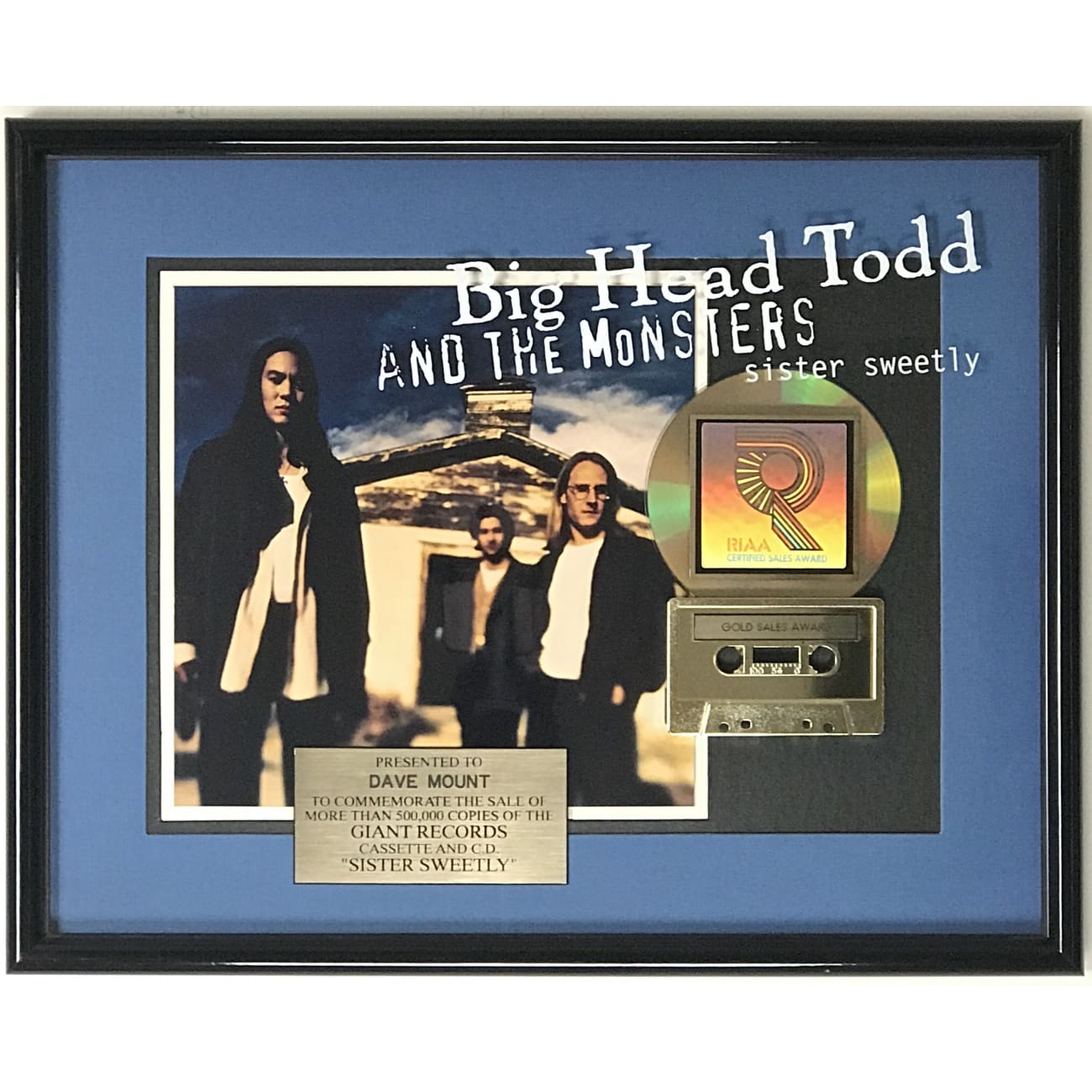 Big Head Todd and the Monsters Sister Sweetly RIAA Certified Gold Album Award - Perfect for Music Collectors & Classic Rock Fans