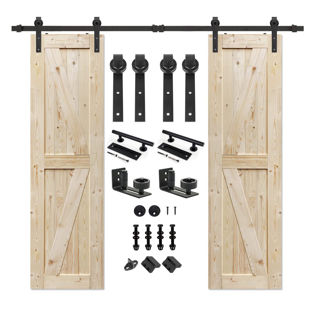 24x84 Inch Unfinished British Brace Knotty Barn Door with 8FT Sliding Hardware Kit - Solid Wood Double Surface Sliding Door for Home & Office (J-Shape Track Included) - Perfect for Bedrooms, Closets, and Room Dividers