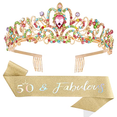 50th Birthday Decorations for Women - Gold Birthday Sash & Tiara Set - Elegant 50th Birthday Gifts - Perfect for Milestone Celebrations, Birthday Parties & Special Occasions