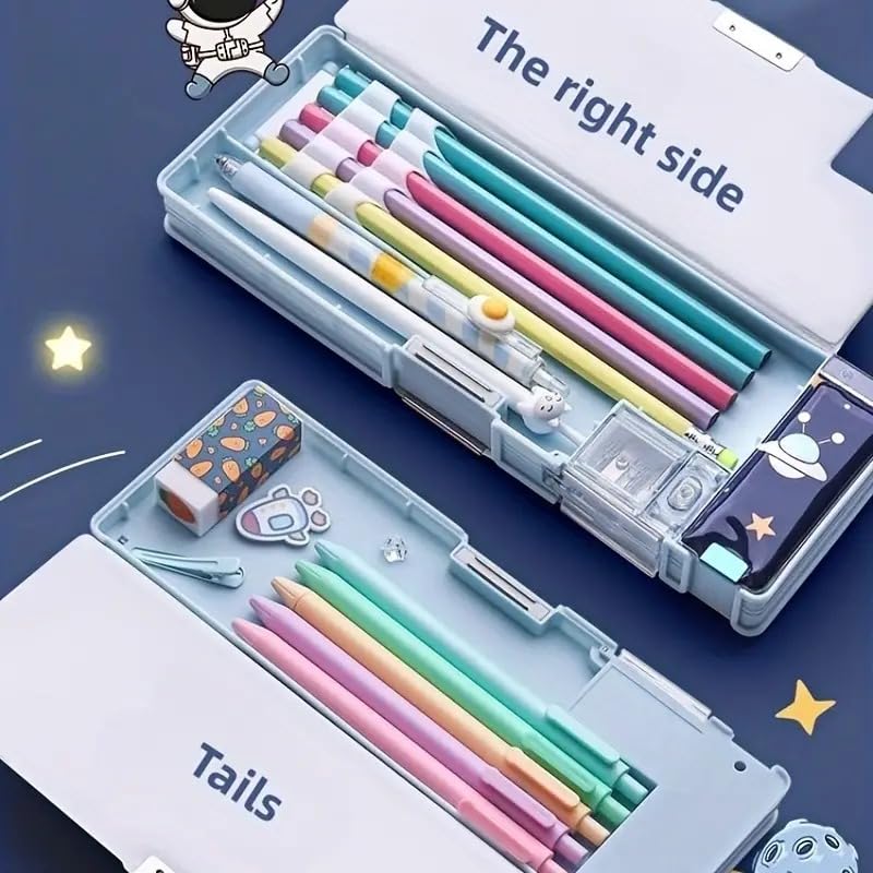 Multifunctional Kids Pencil Case with Press Buttons - 2 Compartments Cartoon Design School Supplies for Boys & Girls (Blue) - Perfect for Classroom, Homework & Office Organization