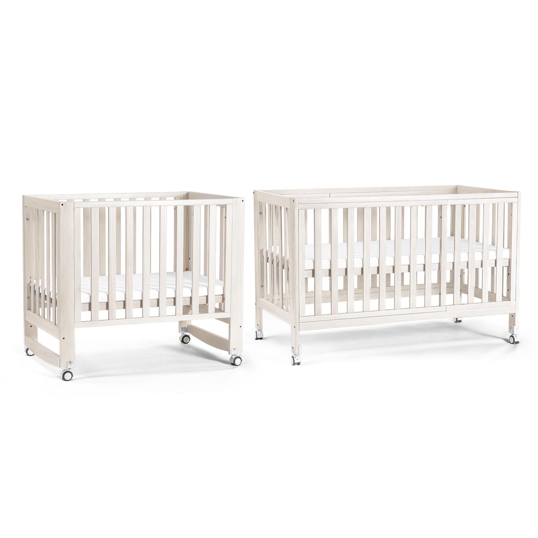 EvoNest 11-in-1 Convertible Baby Crib with Wheels | 100% New Zealand Pinewood | 4 Adjustable Mattress Heights | Washable Natural Finish | Mini Crib for Nursery, Bedroom & Small Spaces