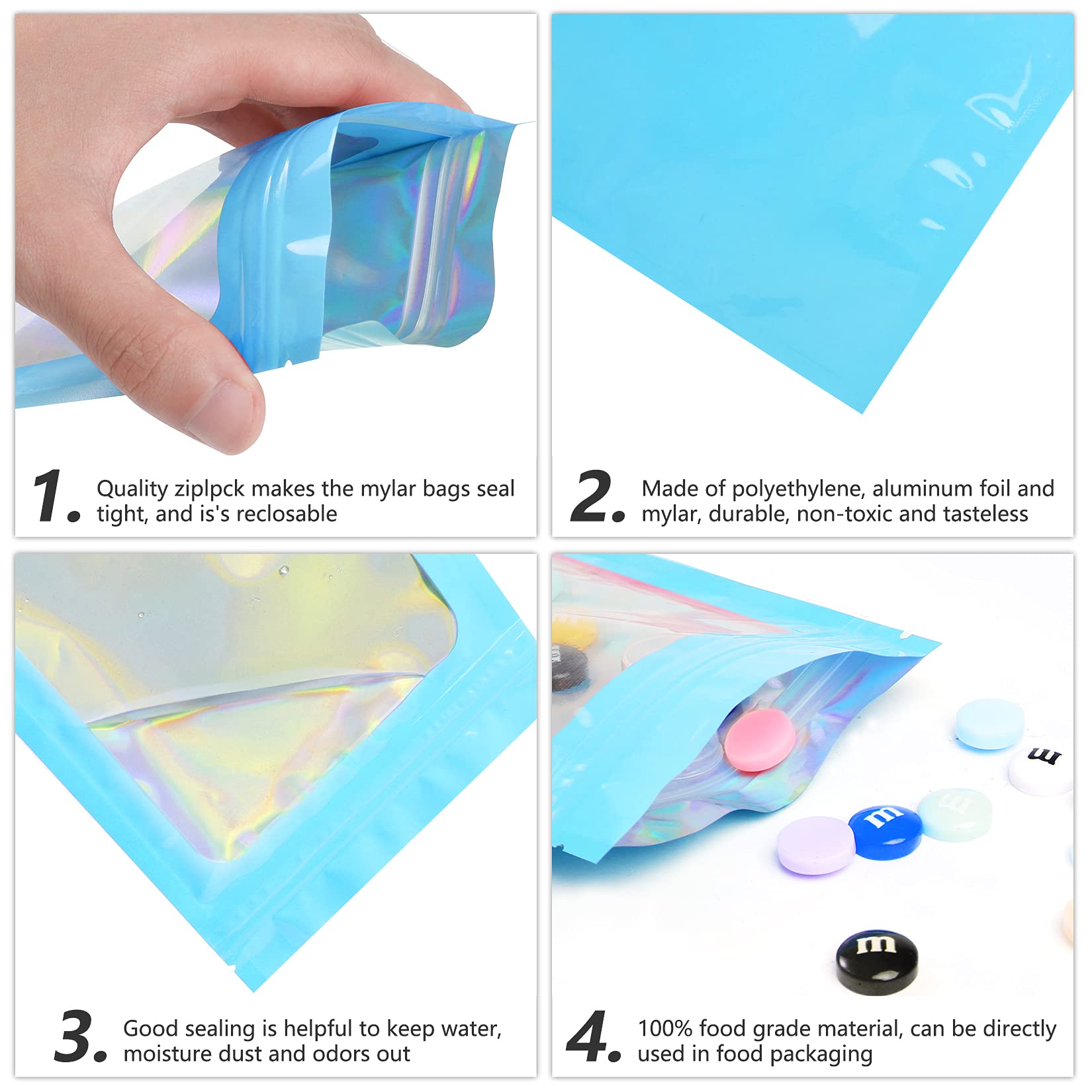 Funfery 100 Pack Smell Proof Mylar Holographic Bags - 4x6 Inch Resealable Odor Barrier Food Storage Bags, Airtight Zipper Pouch for Lip Gloss, Jewelry, Eyelash Packaging (Blue) | Perfect for Organizing Snacks, Cosmetics & Small Accessories