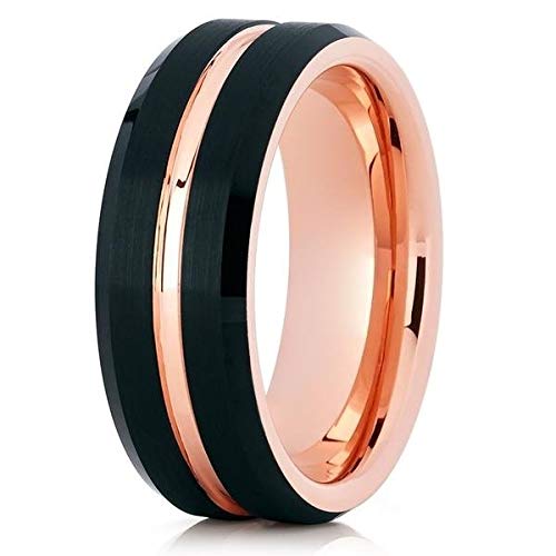 Rose Gold Tungsten Wedding Ring for Men & Women - 18k Rose Gold Plated Black Tungsten Band - Anniversary & Engagement Ring - Comfort Fit Brushed Finish - Perfect for Weddings, Proposals & Special Occasions