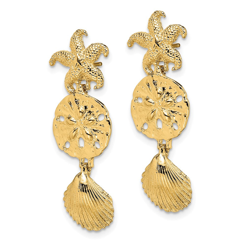 Gold Diamond Cut Starfish Shell Sand Dollar Dangle Earrings TE847 - Elegant Beach Jewelry for Summer Vacation & Boho Fashion