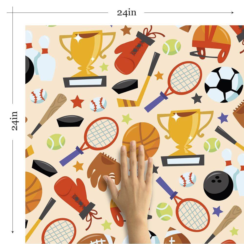 Beige and Black Sports Themed Kids Removable Peel & Stick Wallpaper - Perfect for Nursery, Playroom, and Bedroom Decor