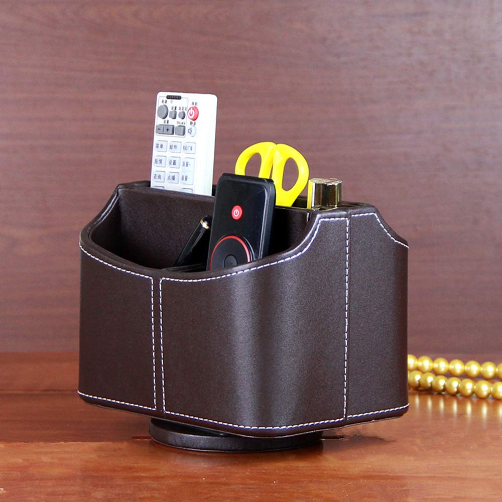 360° Rotating PU Leather Remote Control Holder - Desk Organizer for TV Remotes, Mail, Pens & Electronics | Compact Storage Box for Living Room, Office & Bedroom (Brown)