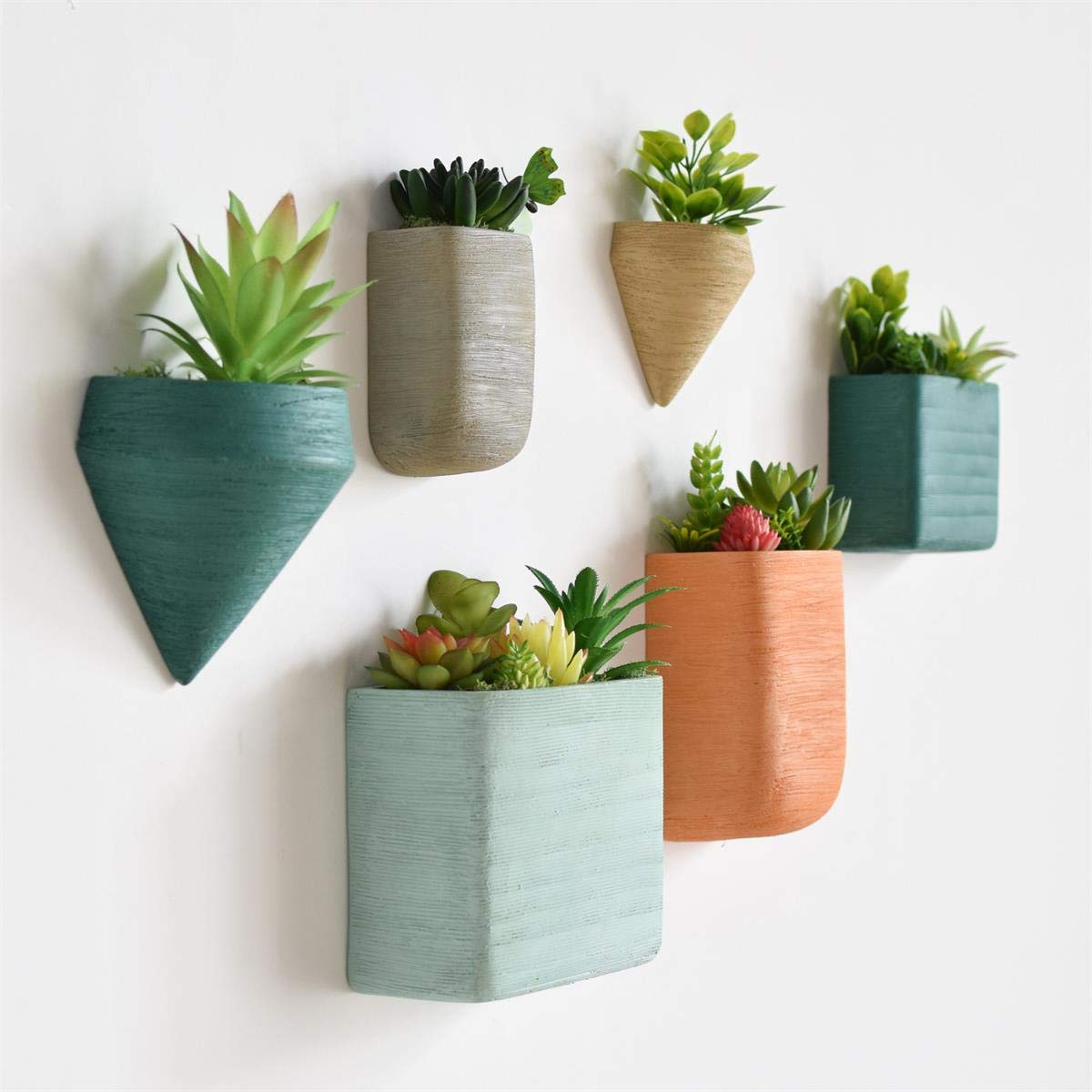 Ecosides Set of 6 Ceramic Wall Hanging Geometric Planters - Modern Home Decor for Succulents, Air Plants & Faux Greenery | Perfect for Living Room, Bedroom & Office Wall Decor