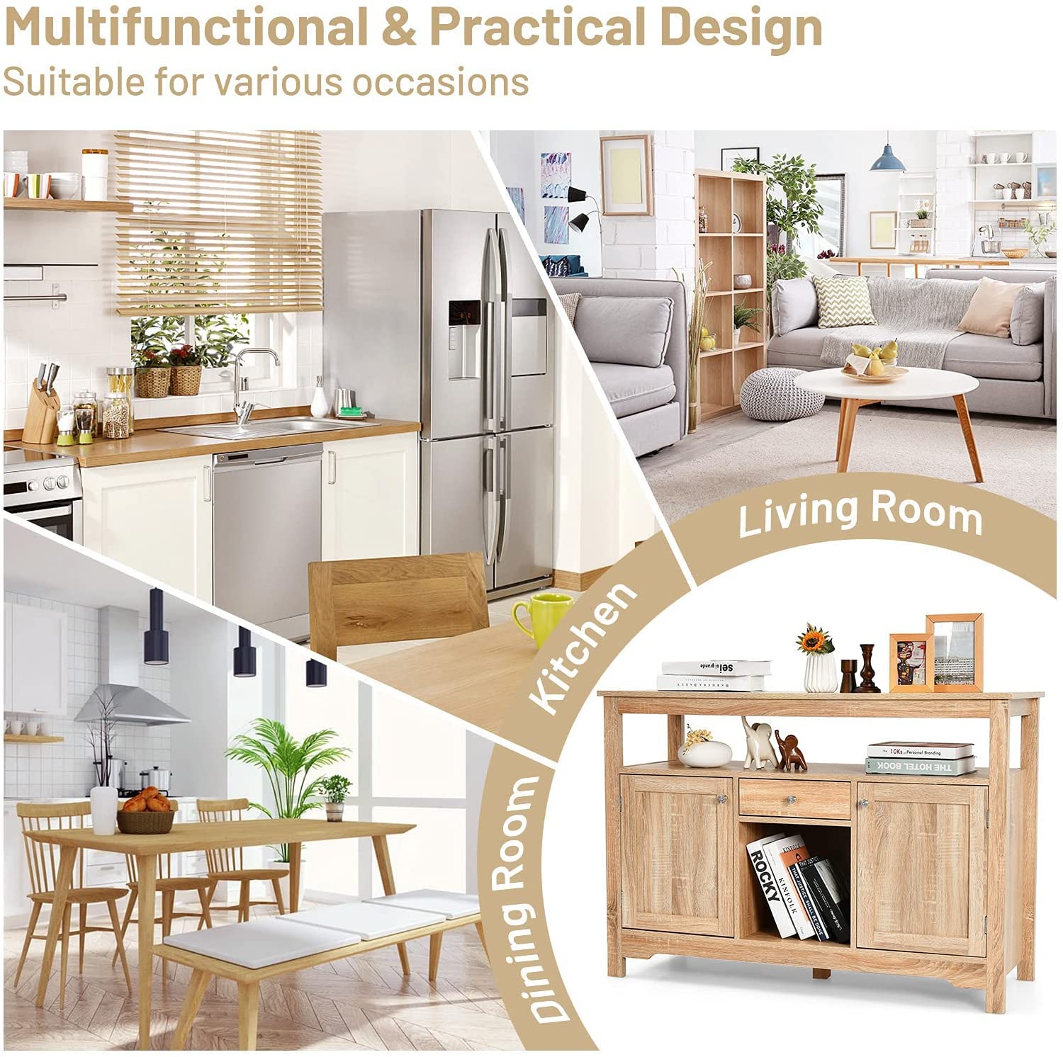 BANGTANE Buffet Kitchen Sideboard - Solid Wood Console Table with 2 Storage Cabinets, Drawer, Wine Rack & Open Shelf | Entryway Storage Organizer for Living Room, Dining Room & Hallway (Natural Finish, HW63250) | Perfect for Home Decor, Entertaining & Small Space Organization
