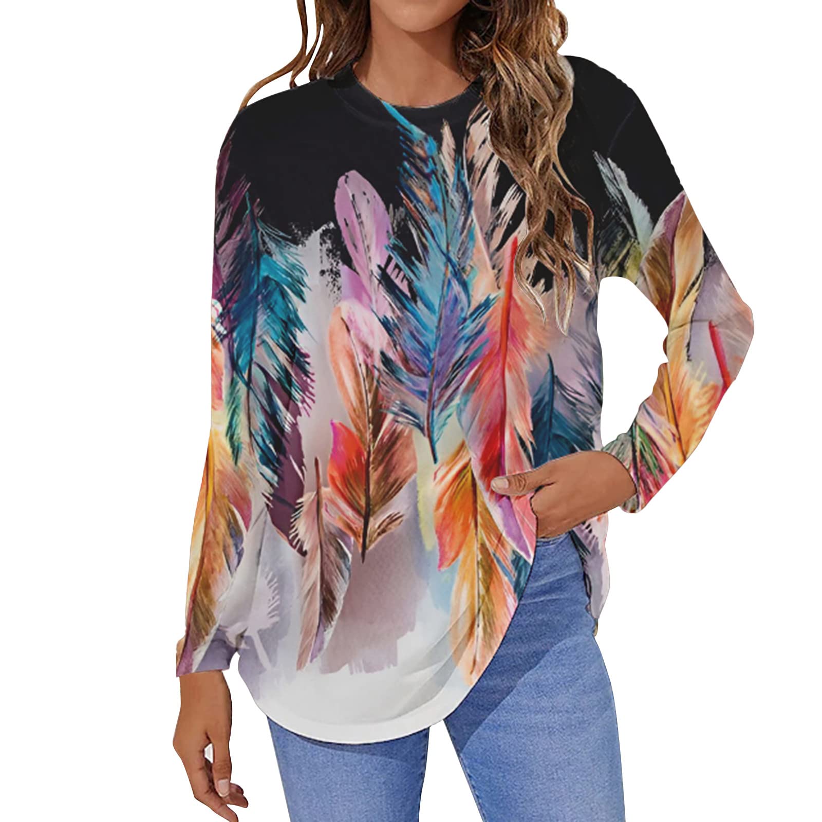 Women's Casual Long Sleeve Feather Print Blouse - Loose Fit Round Neck Pullover Top | Perfect for Work, Weekend & Layering