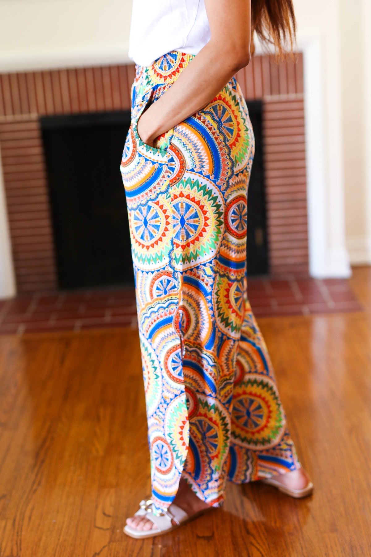 Stylish Multicolor Mandala Print Smocked Waist Palazzo Pants with Side Slits - Perfect for Yoga, Beach Vacations & Boho Fashion Outfits