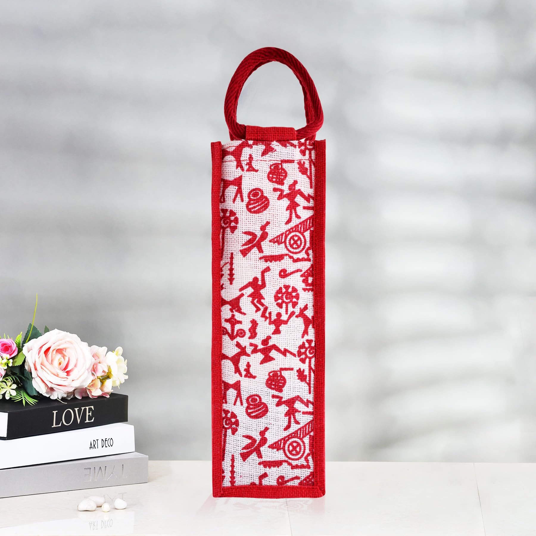 Heart Home Jute Bottle Bag - Reusable Water & Wine Bottle Cover with Handle for Office, Picnics & Travel - Warli-Print Gift Bag in Red