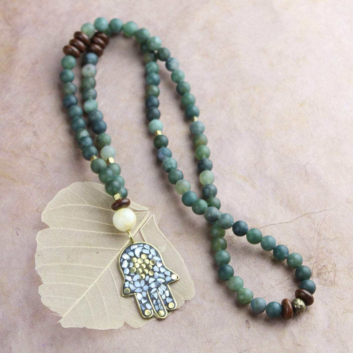 Lucky Hamsa Hand & Moss Agate Pendant Necklace - Spiritual Protection Jewelry for Women, Healing Crystal Gift for Meditation, Yoga & Positive Energy