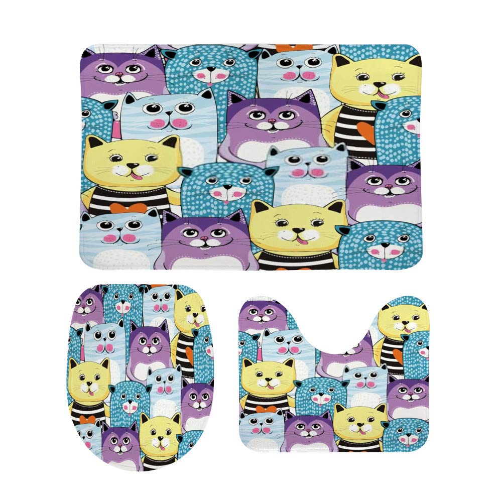 Non-Slip 3-Piece Bathroom Rug Set - Soft Coral Fleece Toilet Mat, Contour Lid Cover, Shower Mat with Cute Cat Design for Bathroom Decor & Safety