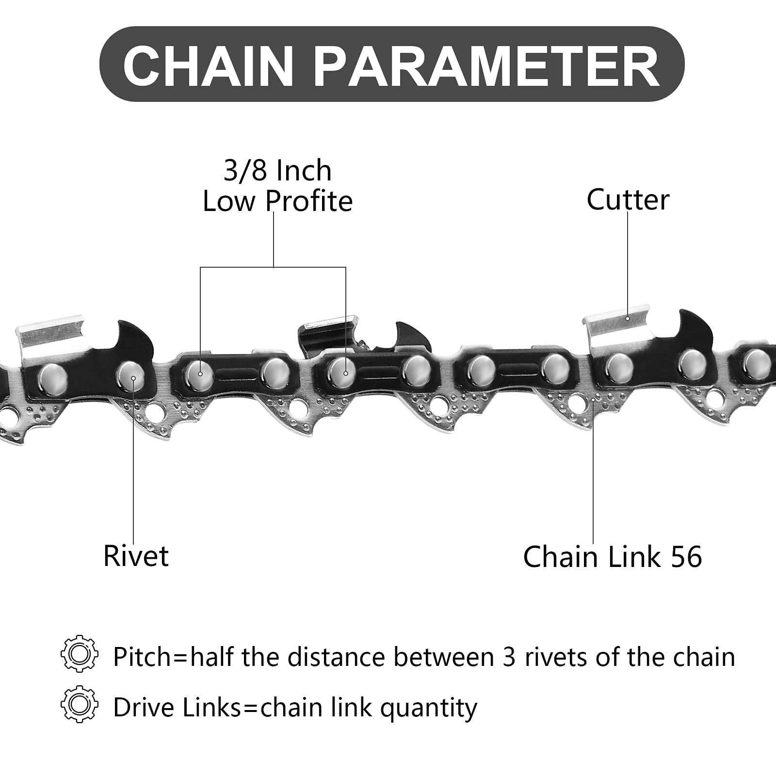 2 Pack 16 Inch Chainsaw Chains 3/8 LP .050