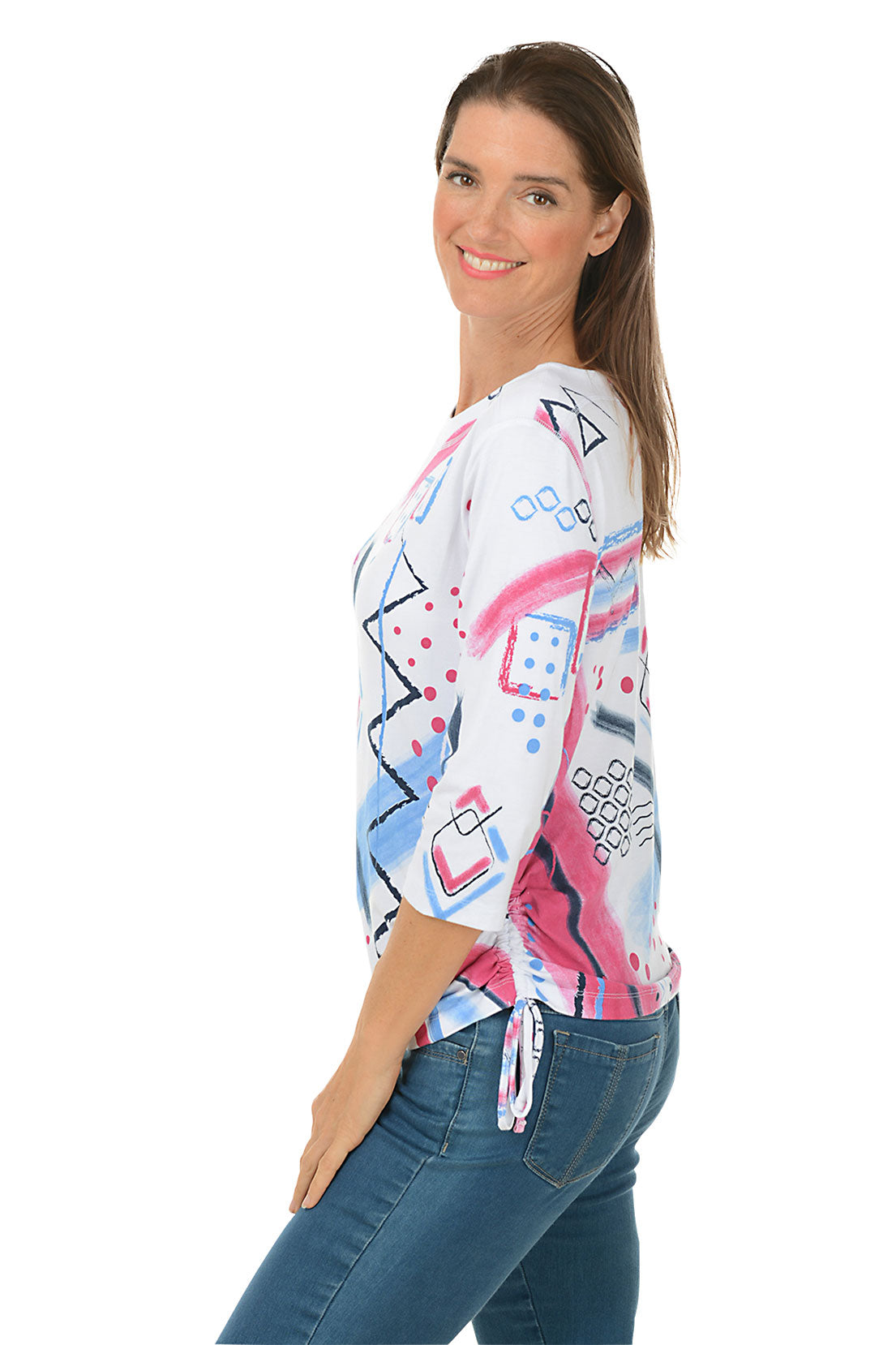 Trendy Pink Abstract Diamond Print Side Shirred Blouse - Perfect for Casual Outings, Date Nights & Summer Fashion
