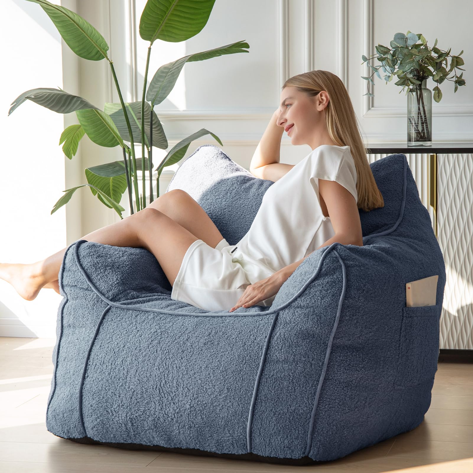 MAXYOYO Giant Bean Bag Chair for Adults - Extra Large Fluffy Bean Bag Couch with Decorative Edges, Dusty Blue - Perfect for Living Room, Bedroom, Game Room & Dorm Relaxation